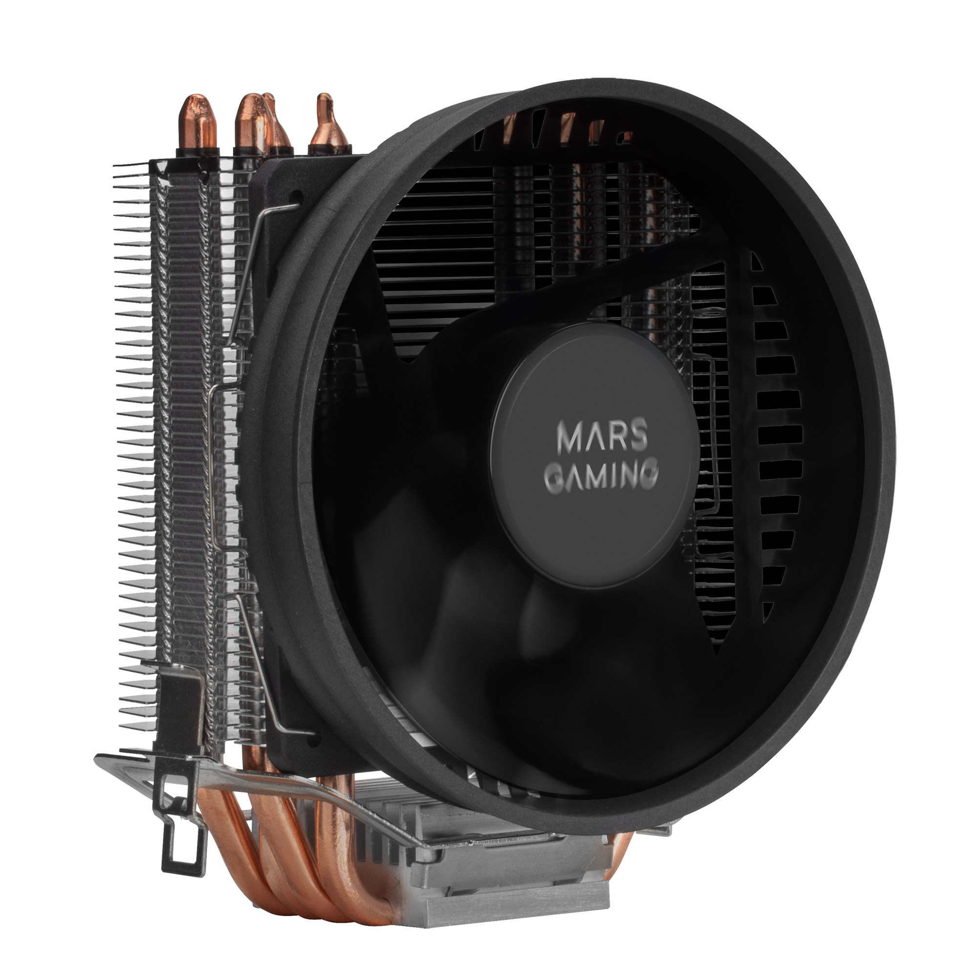 Un enfriador de CPU con tuberías de cobre y un ventilador negro con la inscripción MARS GAMING.