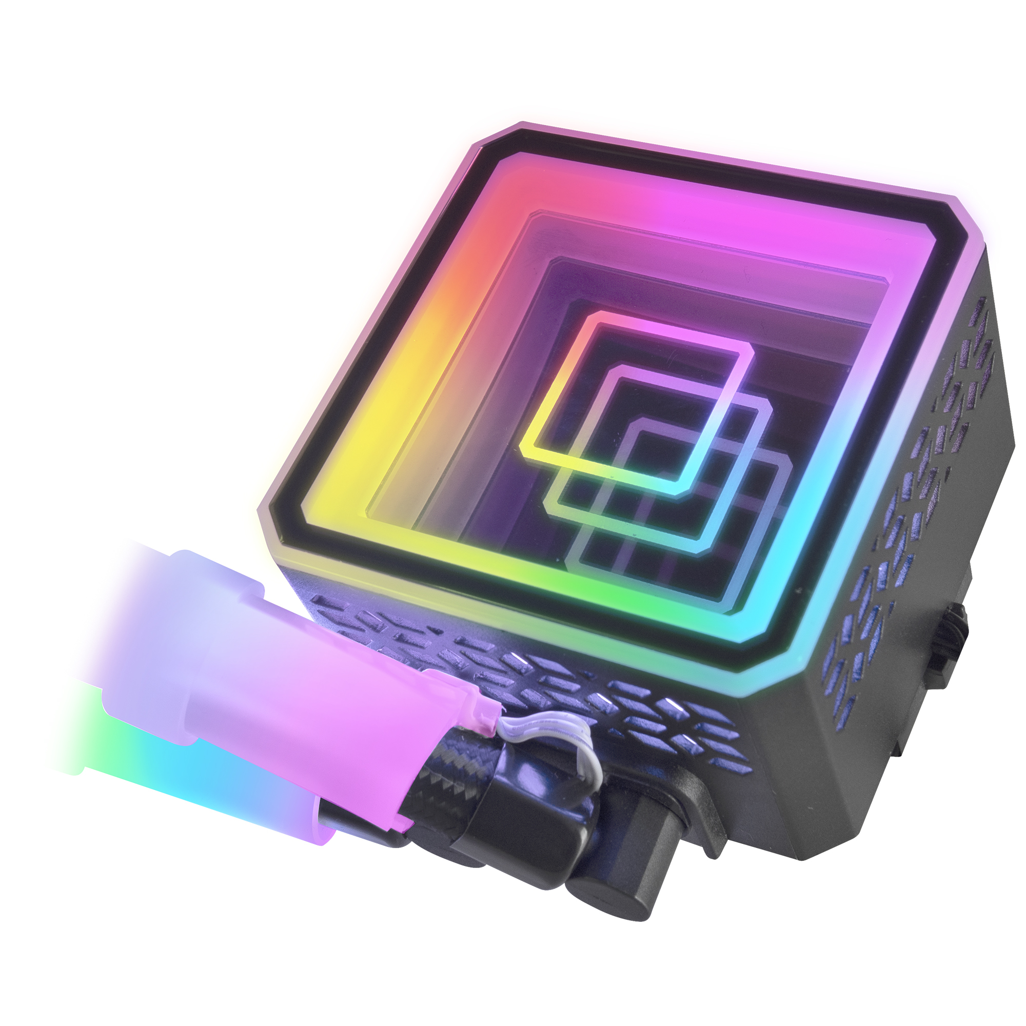 Czarny wentylator komputerowy z kwadratowym oświetleniem RGB i kolorowymi tubami świetlnymi.