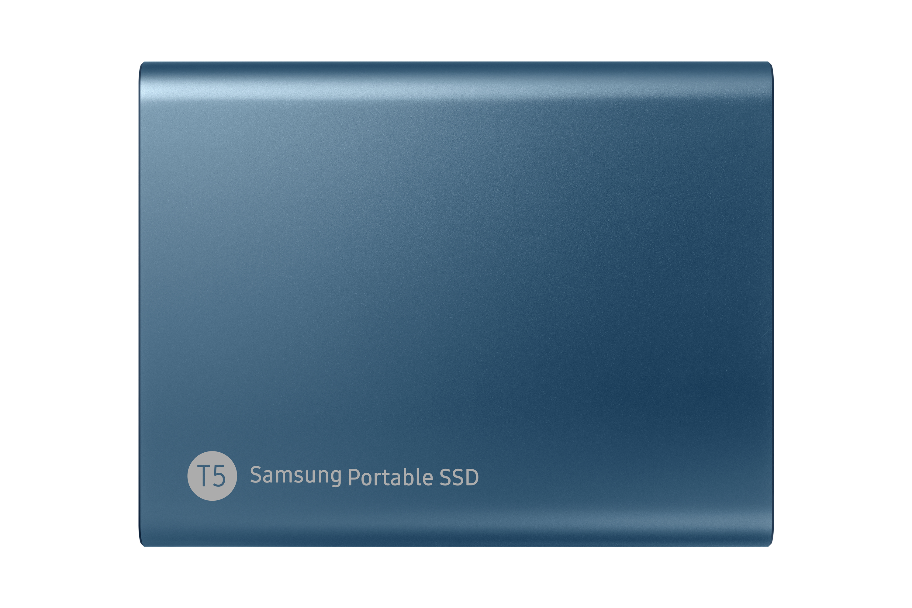 Un SSD portatile Samsung T5 blu con il marchio in basso.