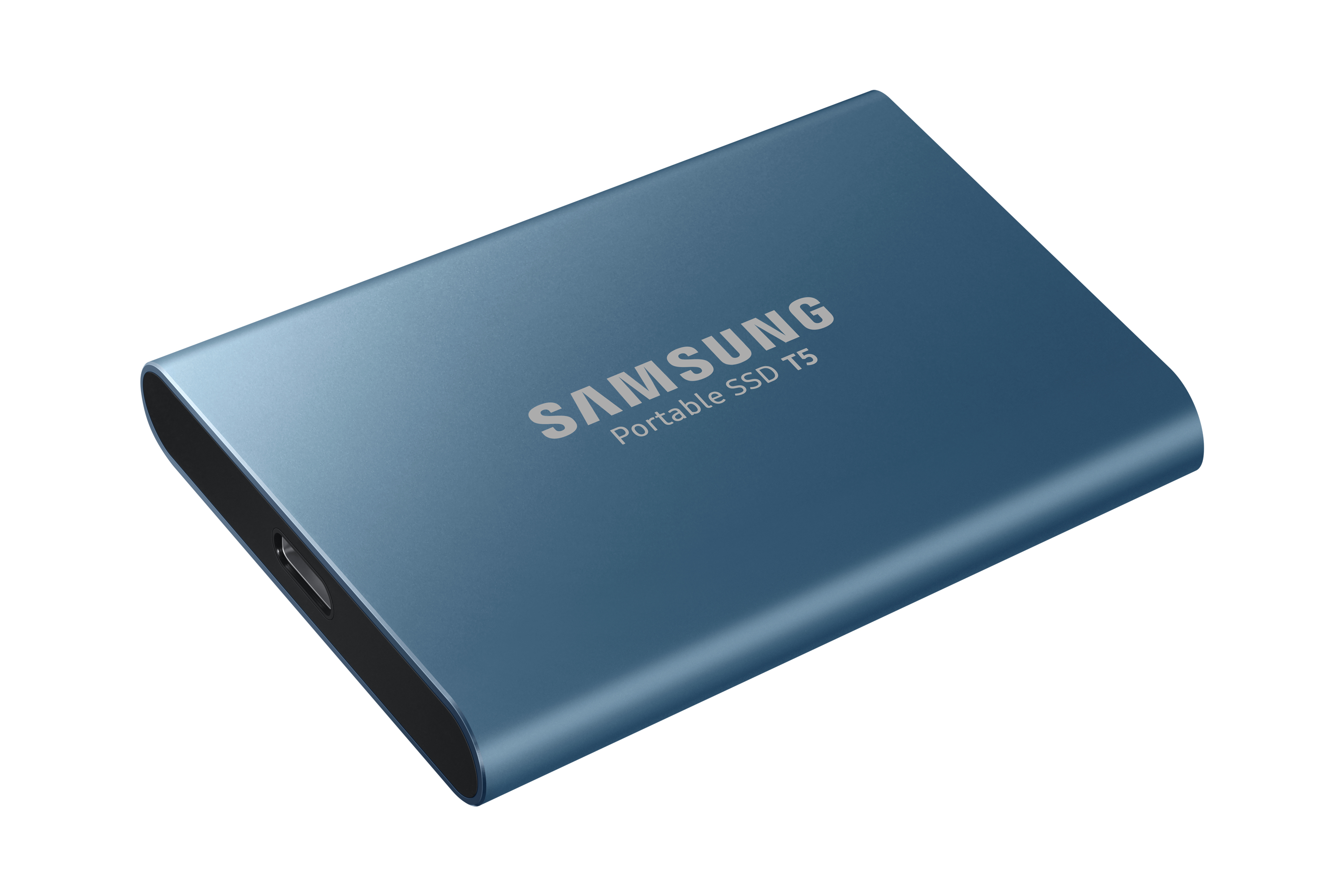 SSD portatile Samsung T5 blu, rettangolare. Sfondo bianco. Vista dall'alto.