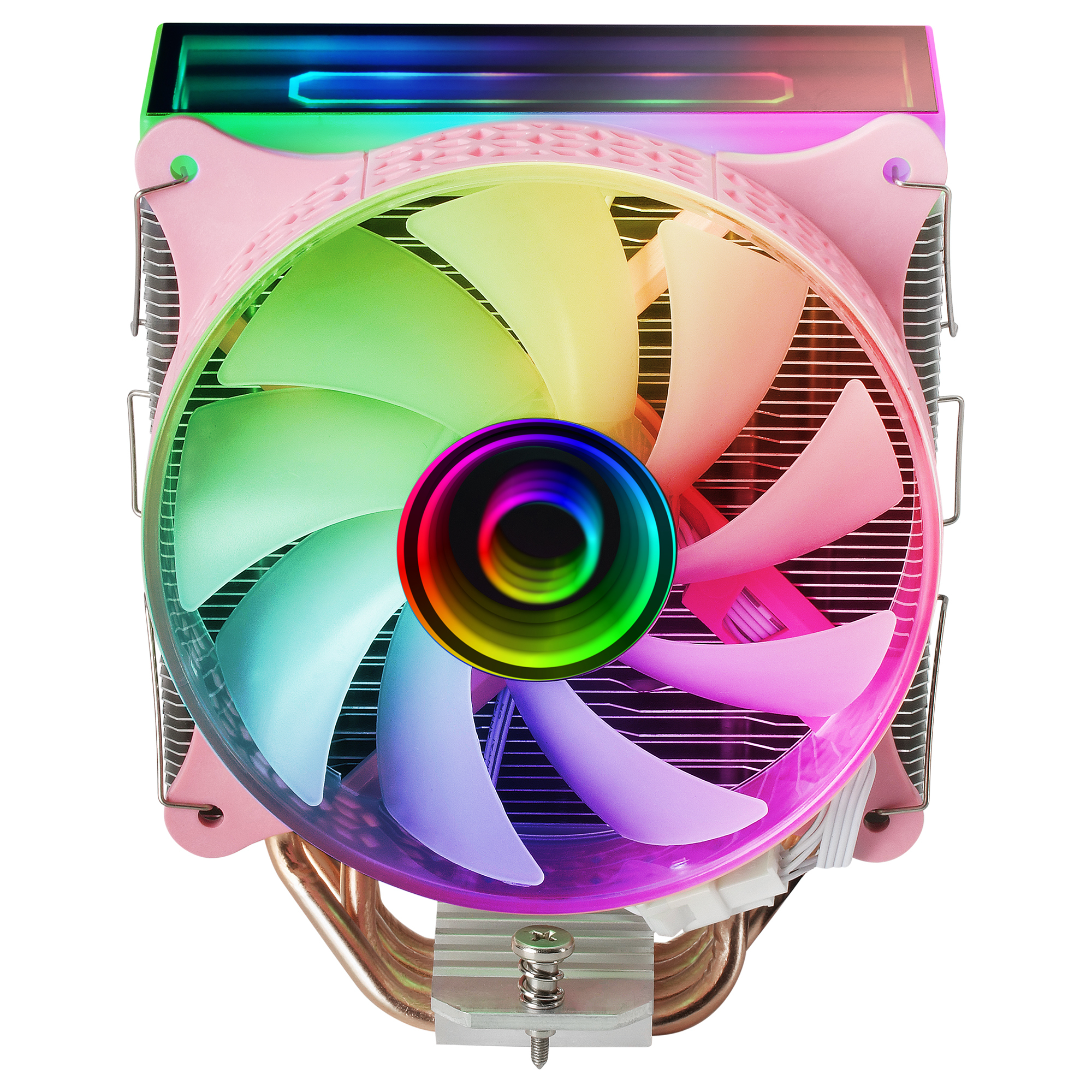 Różowy cooler CPU z wentylatorem RGB, miedzianymi rurkami i efektem tęczowego światła.