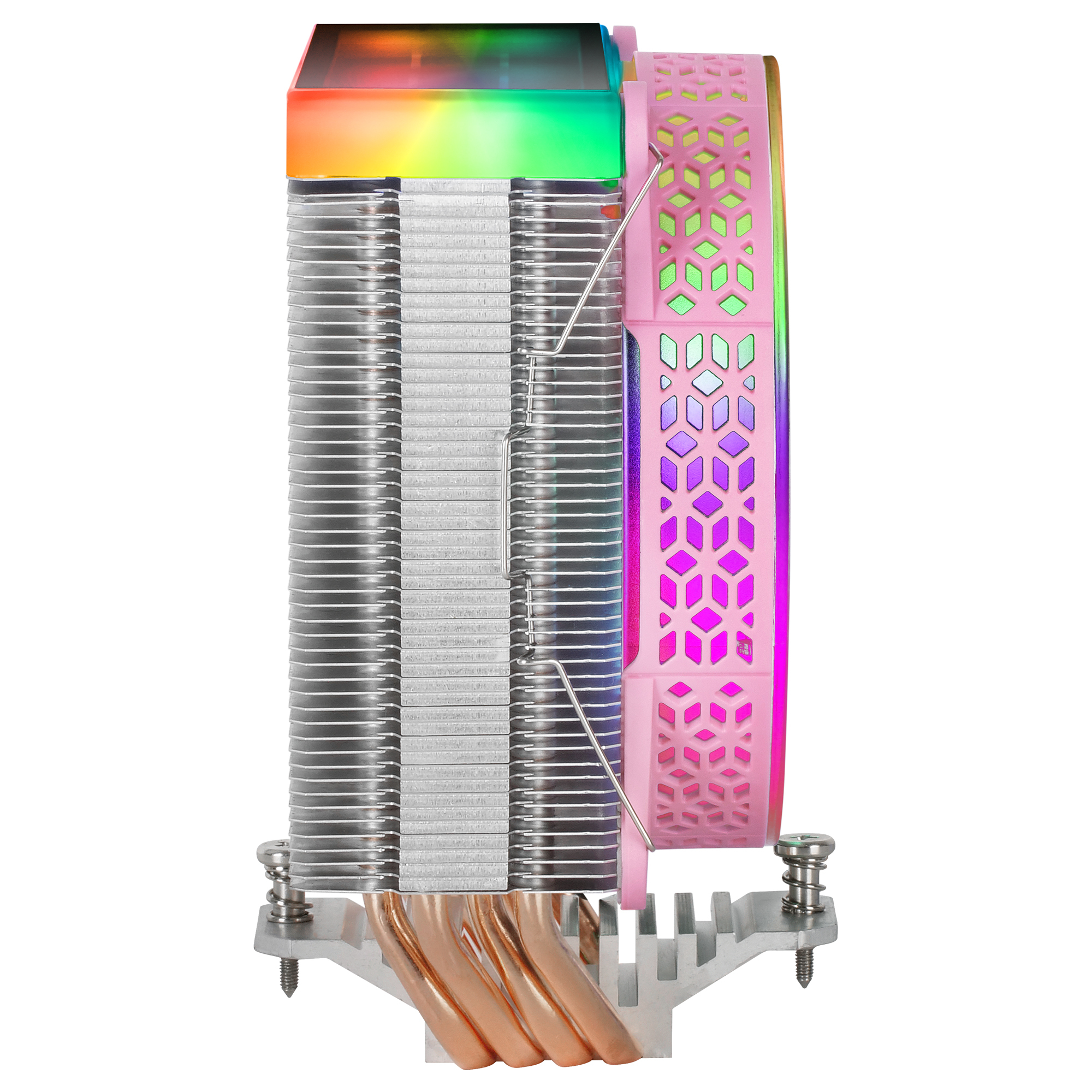 Chłodnica procesora z kolorowymi światłami. Miedziane rurki i różowa ramka.