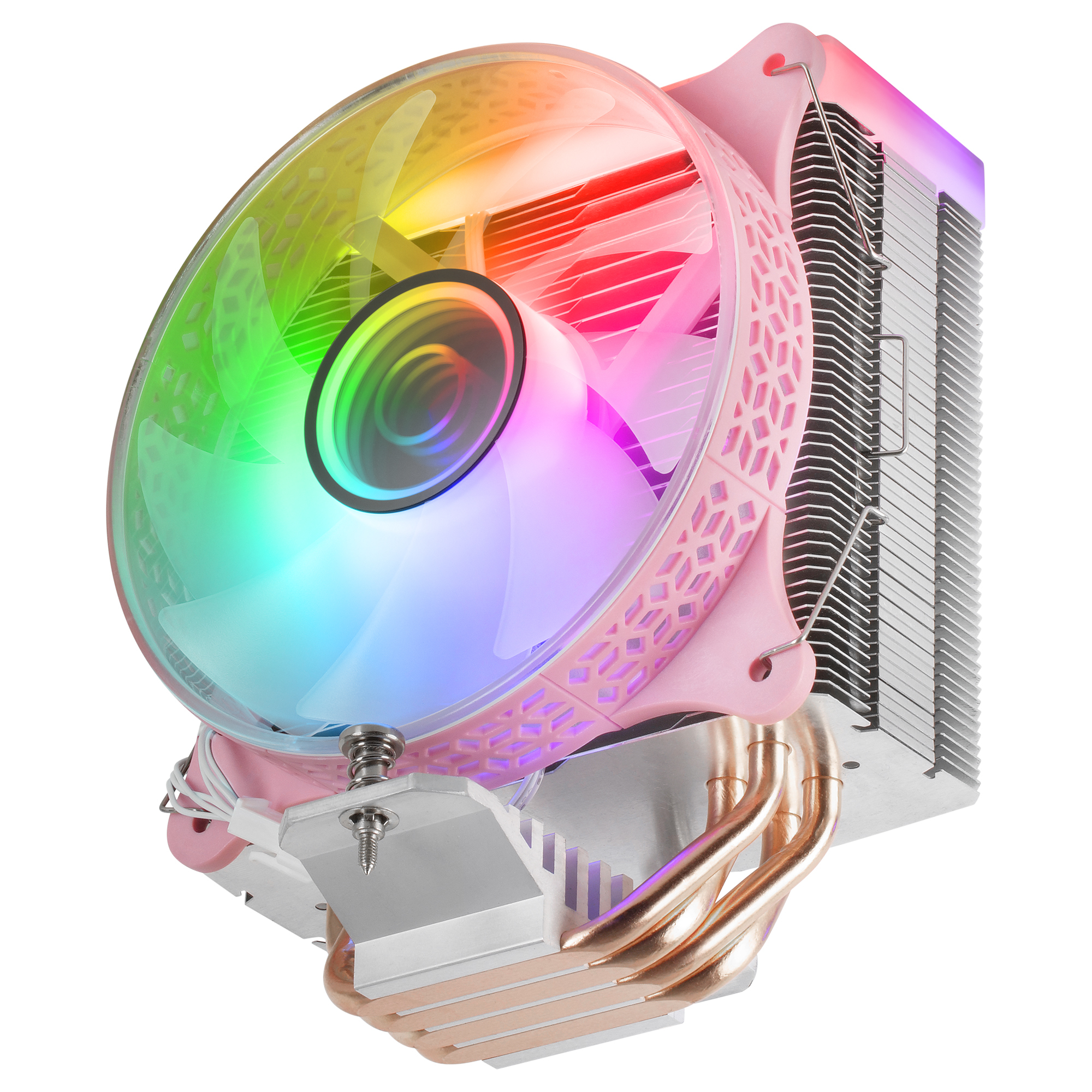 Różowy cooler CPU z wentylatorem RGB. Widoczne rurki miedziane. Sześciokątny wzór na ramie wentylatora.