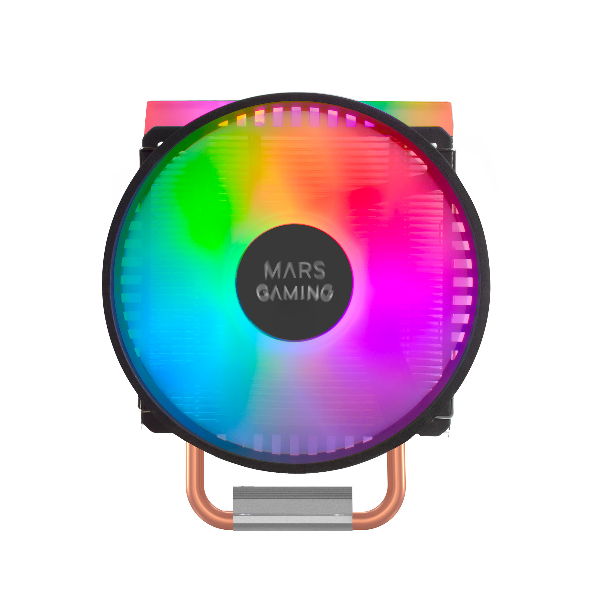 Un enfriador de CPU con ventilador arcoíris, tubos de cobre y el logo de Mars Gaming.