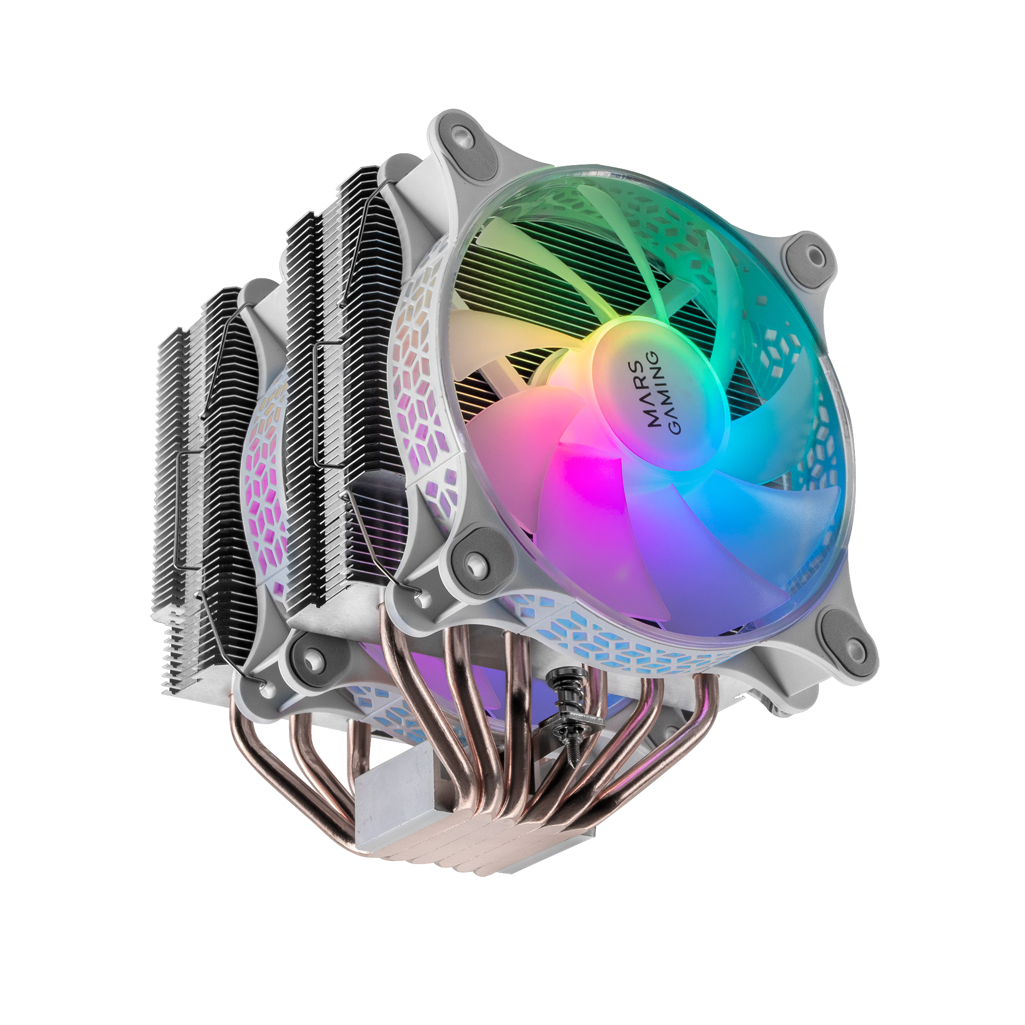 Chłodnica procesora komputera z wieloma żebrami chłodzącymi i wentylatorem z oświetleniem RGB.