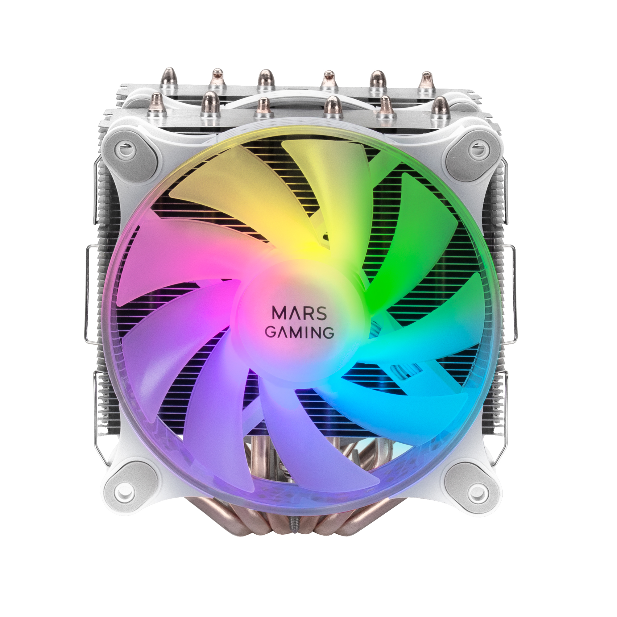 Widok z góry na chłodnicę procesora z tęczowym wentylatorem.