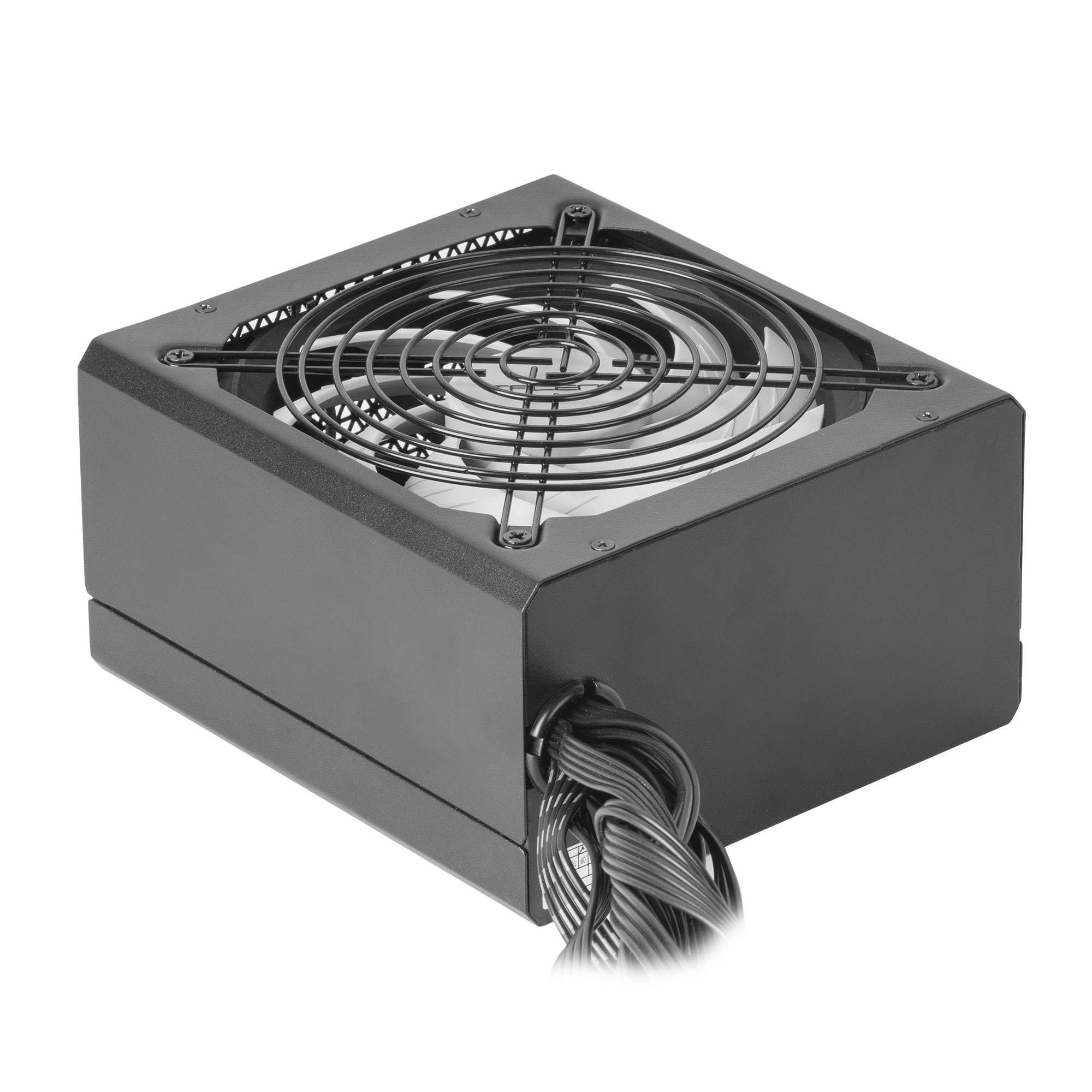Alimentatore per computer nero con ventola, fascio di cavi e fori per le viti.