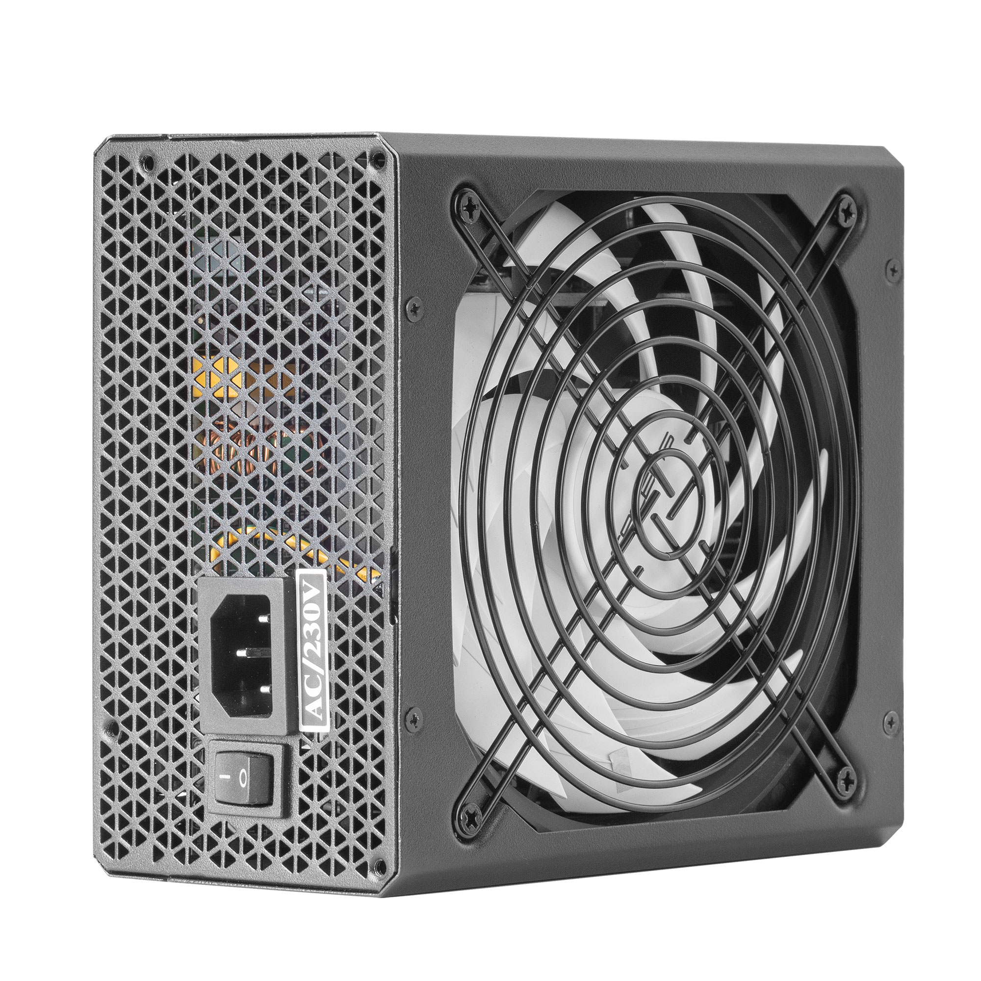 Un alimentatore per computer, nero con ventola, AC/230V e interruttore.