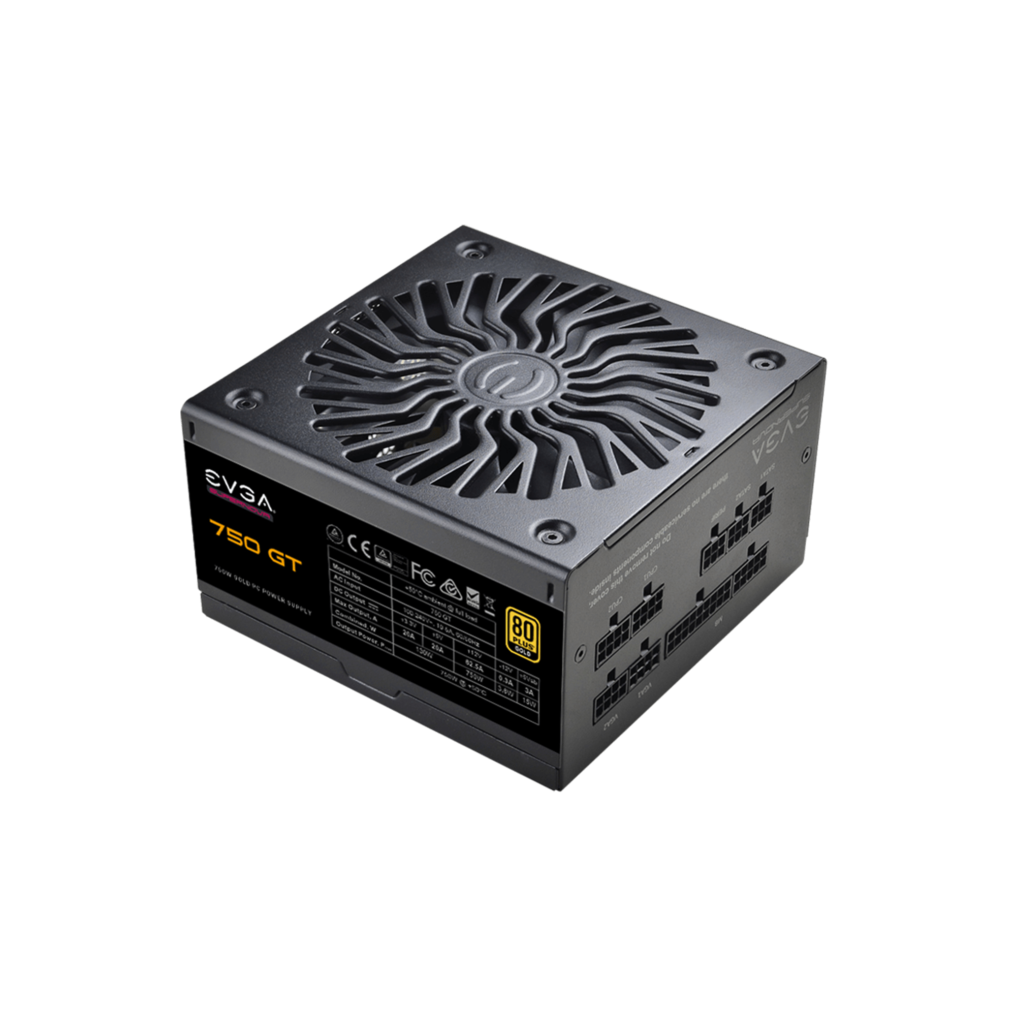 Un alimentatore nero con griglia della ventola e connettori, etichettato EVGA 750 GT, sfondo bianco.