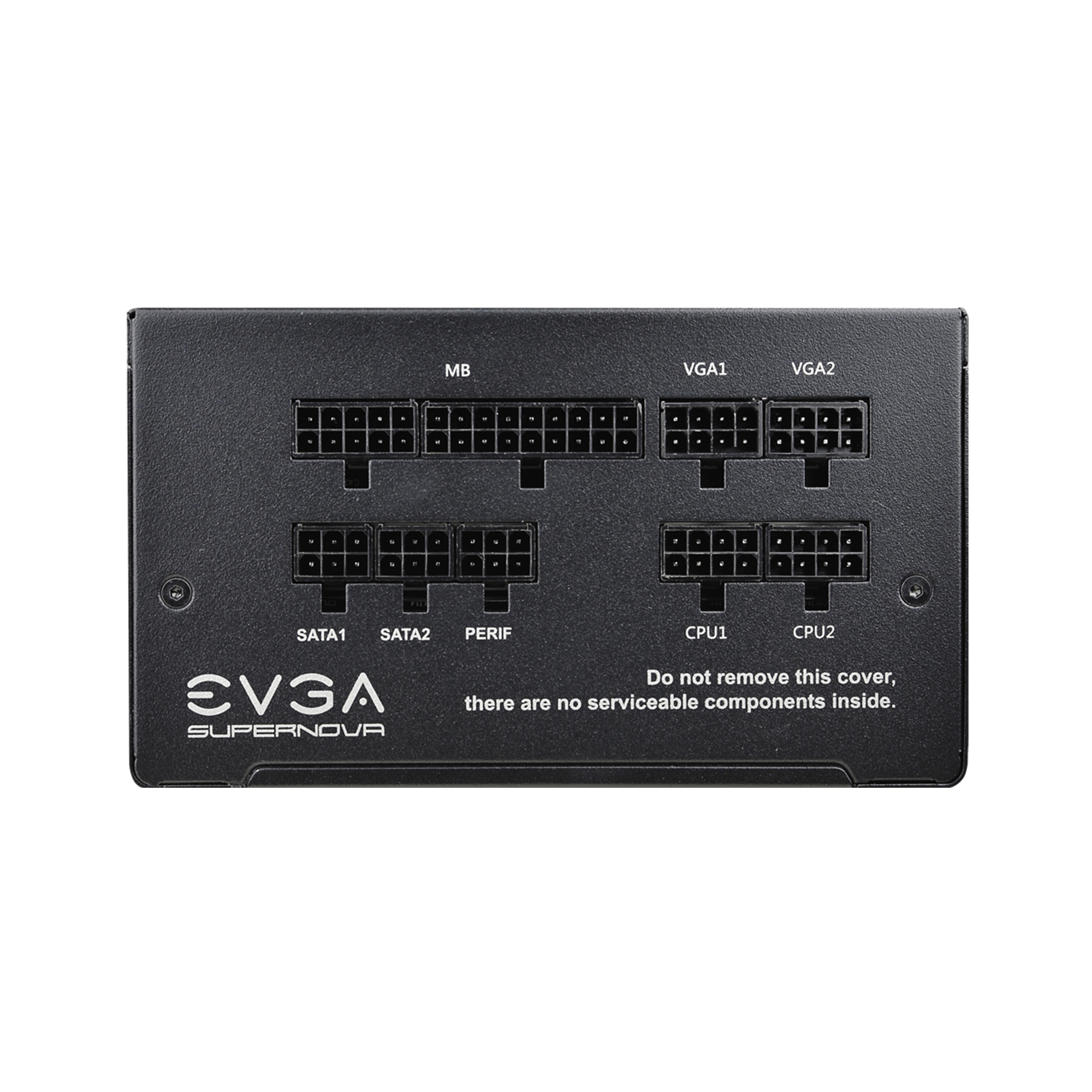 Pannello posteriore nero dell'alimentatore con connettori, logo EVGA.