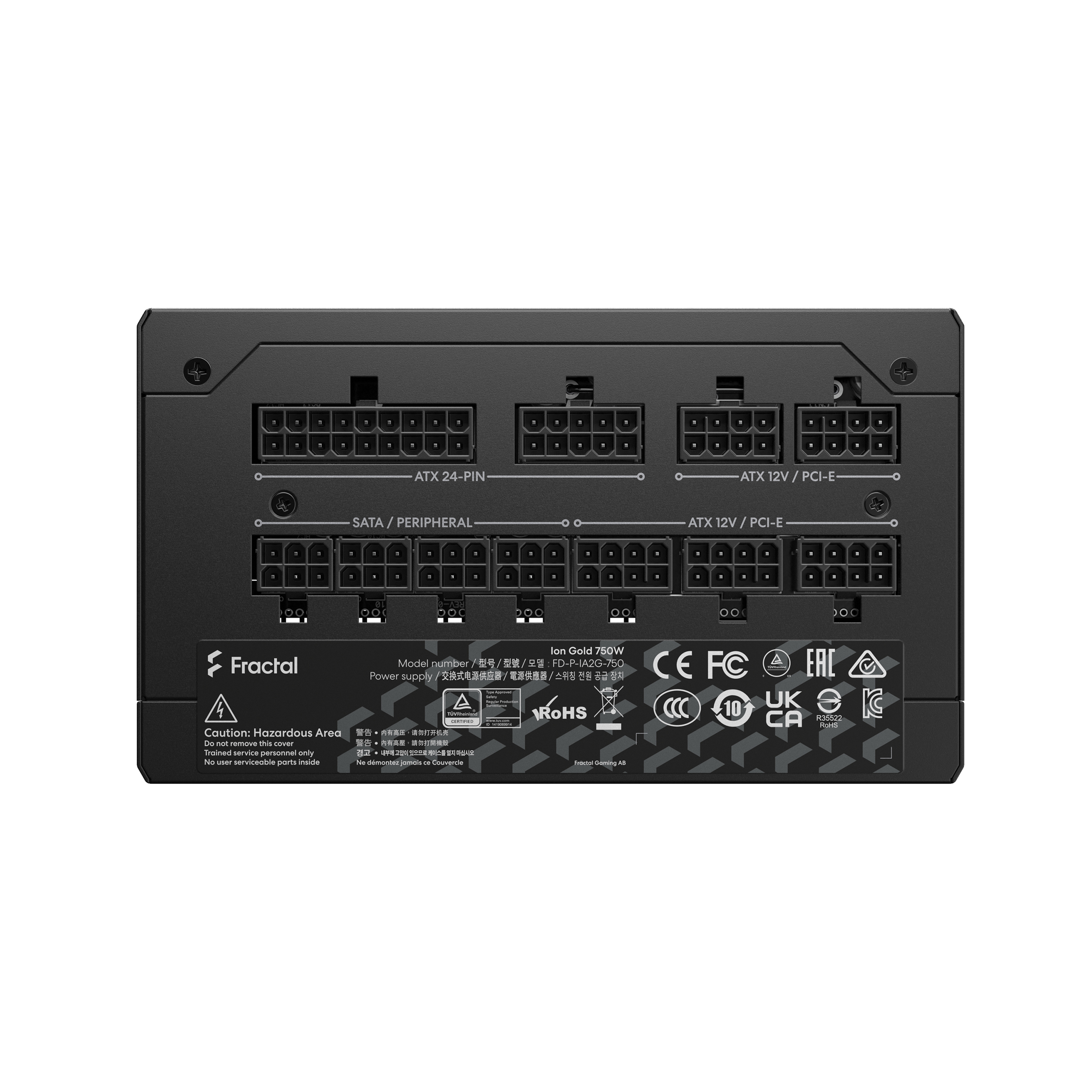 Czarny zasilacz z wieloma złączami i etykietami na powierzchni na białym tle.