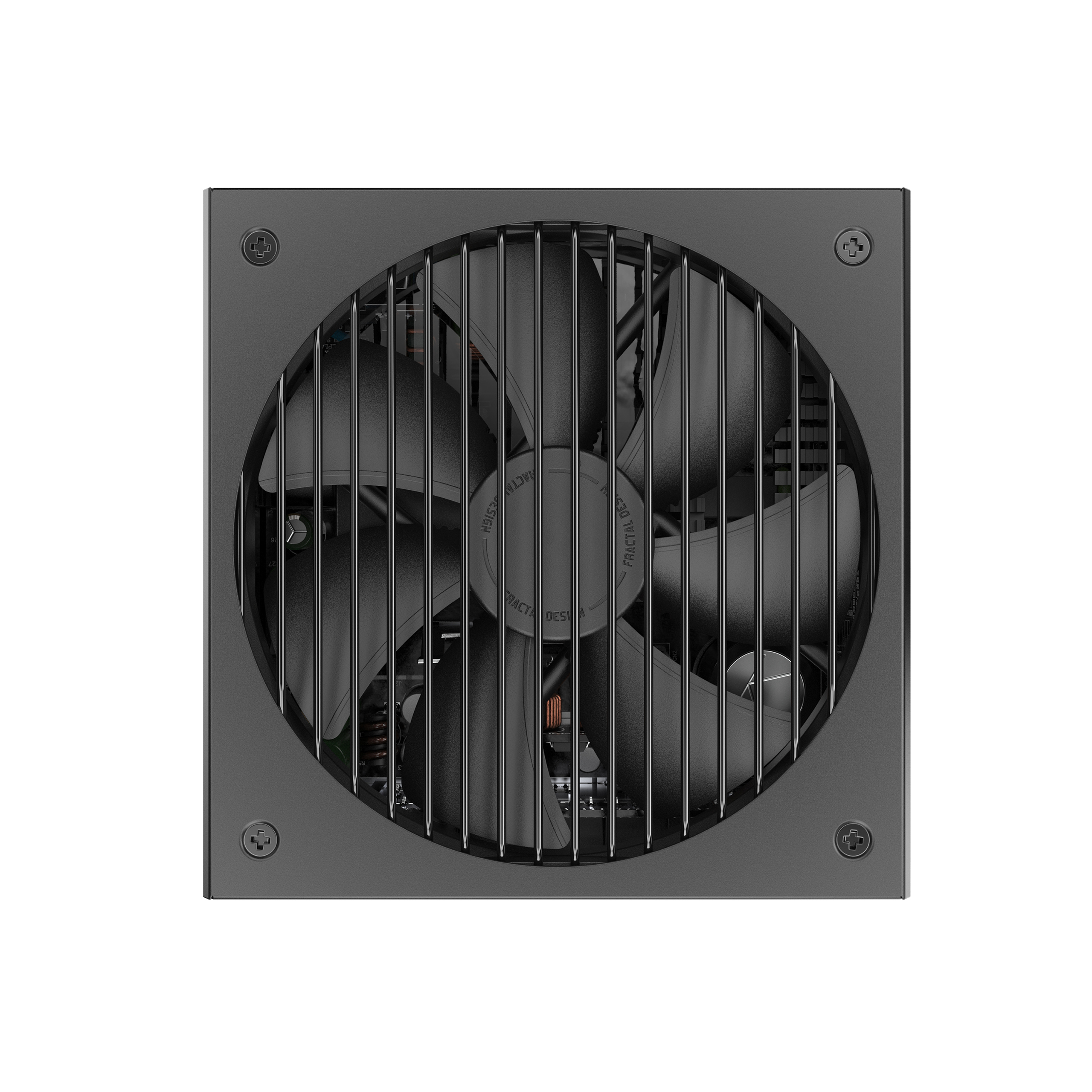 Czarny wentylator komputerowy z kratką ochronną. Cztery śruby widoczne w każdym rogu.