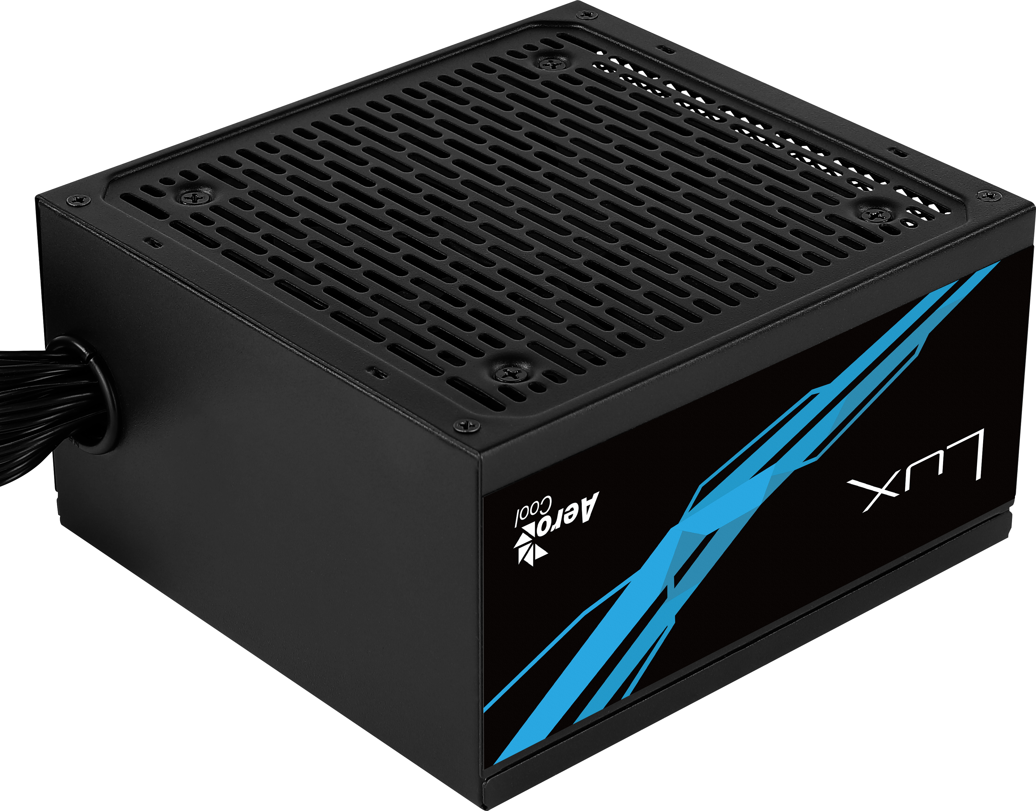 Black computer power supply with blue accents. Aerocool Lux branding is visible.