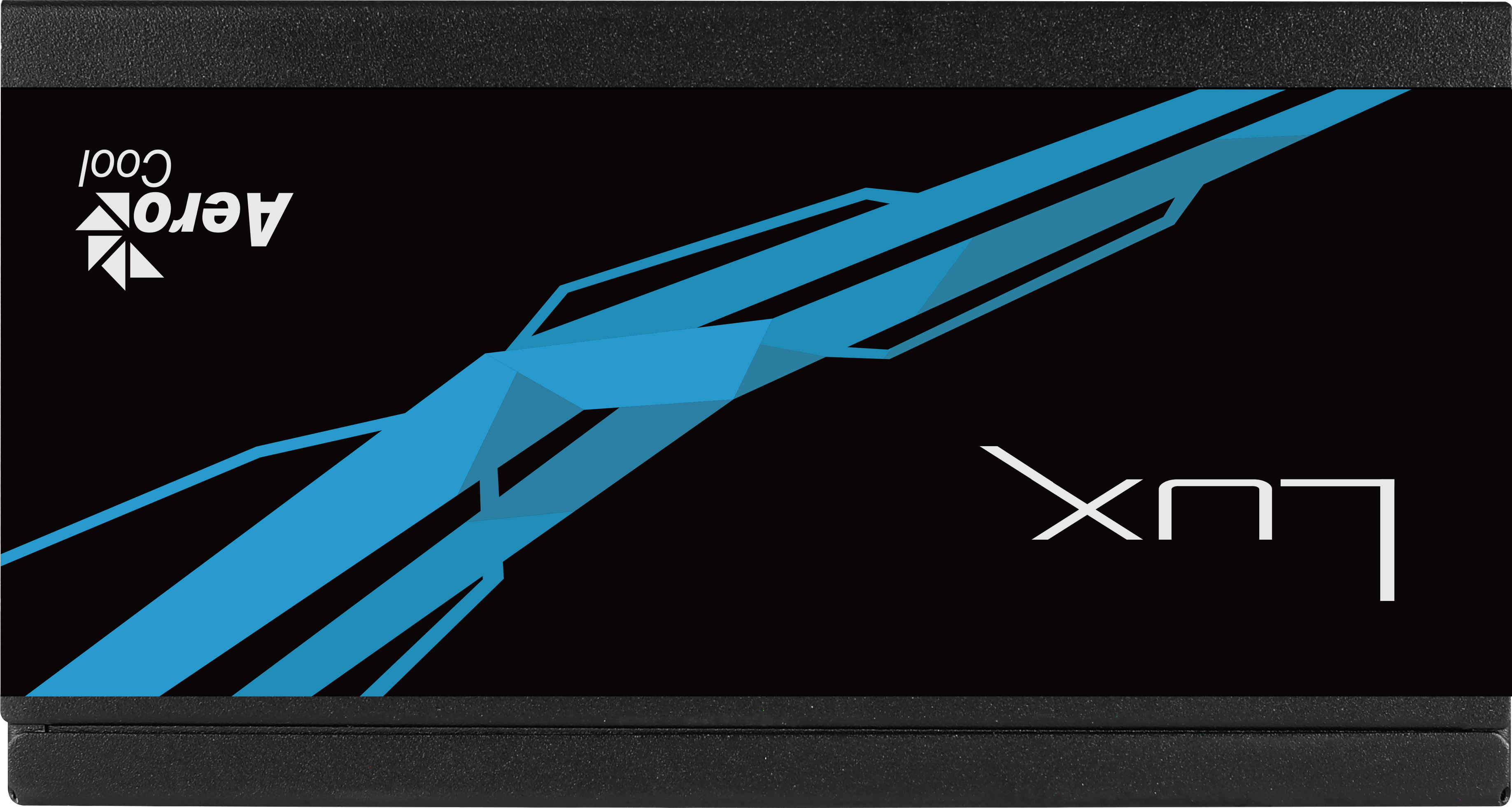 Black SSD with blue design. AeroCool logo. Black background.