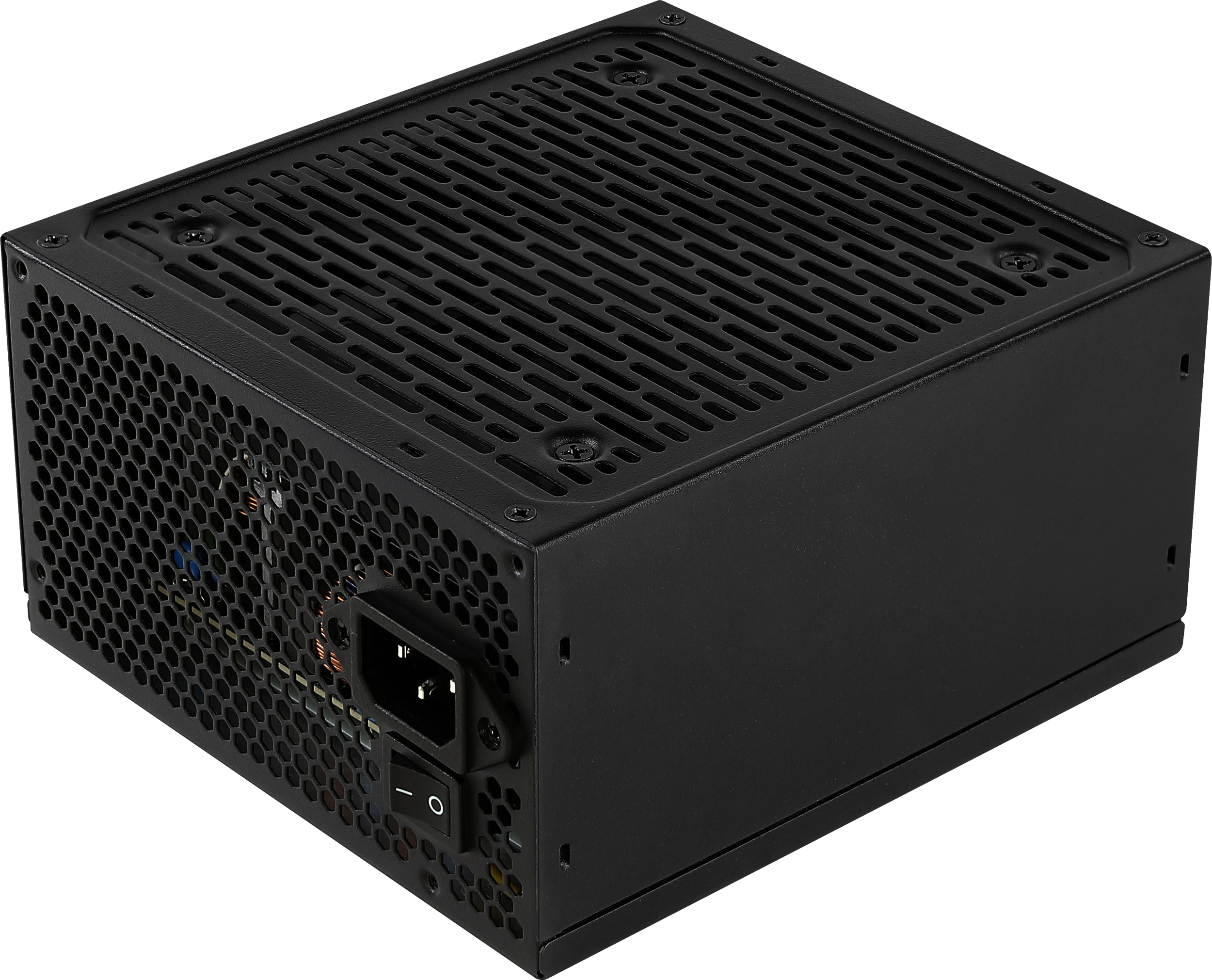 A black, rectangular power supply unit with a mesh side, a power switch, and a power port.