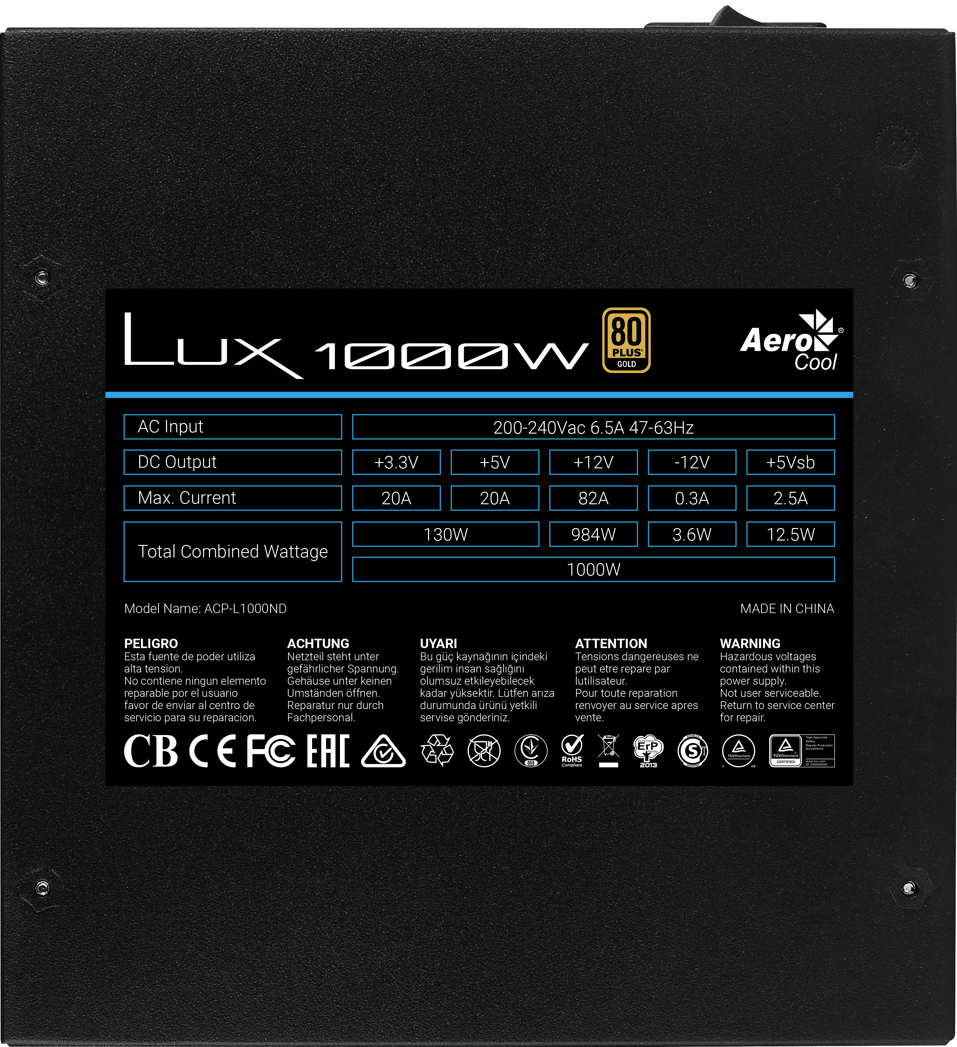The label on a power supply unit. It contains information about input, output and safety standards.
