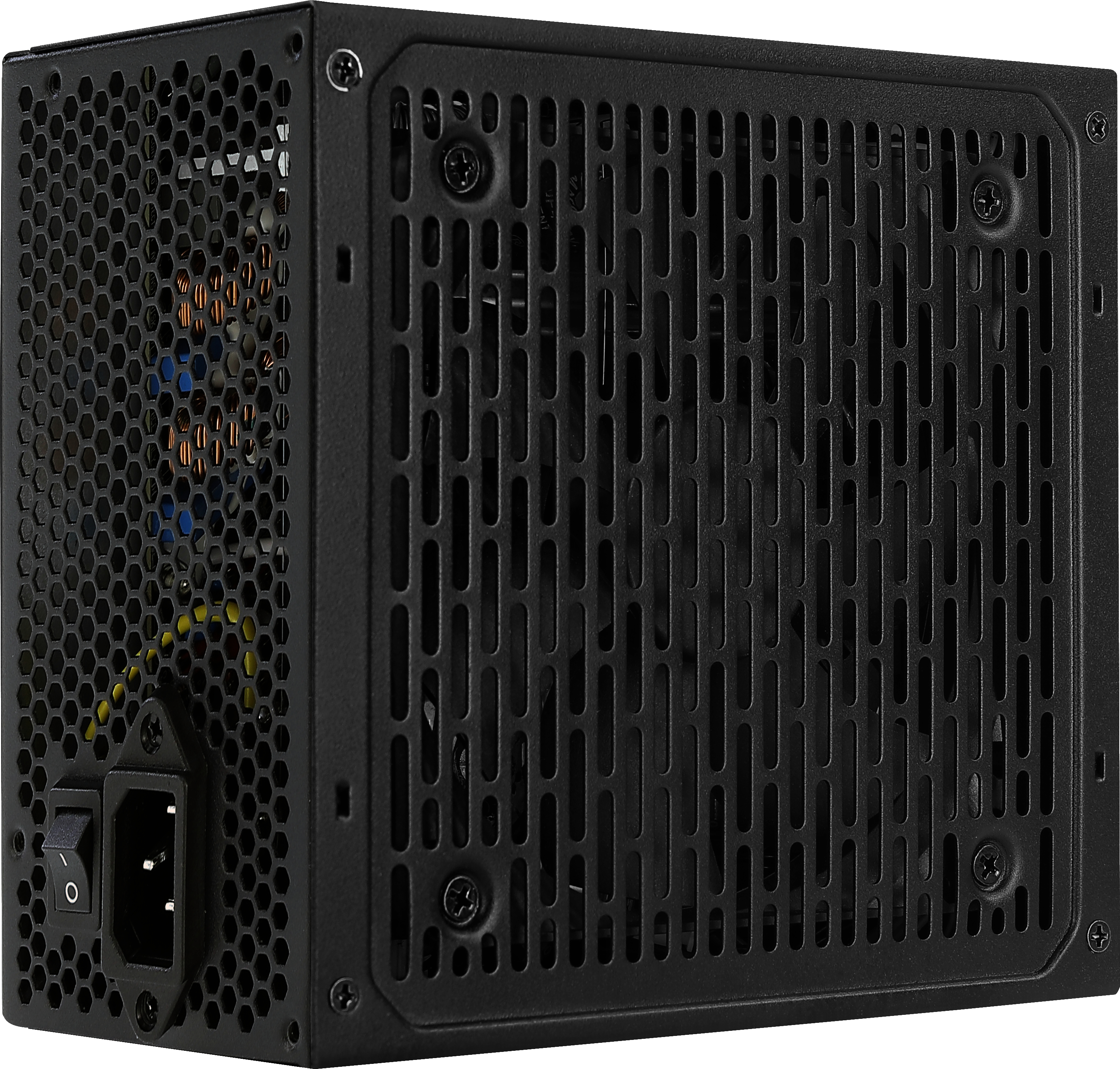 Black power supply unit with ventilation grilles and a power port and a switch.