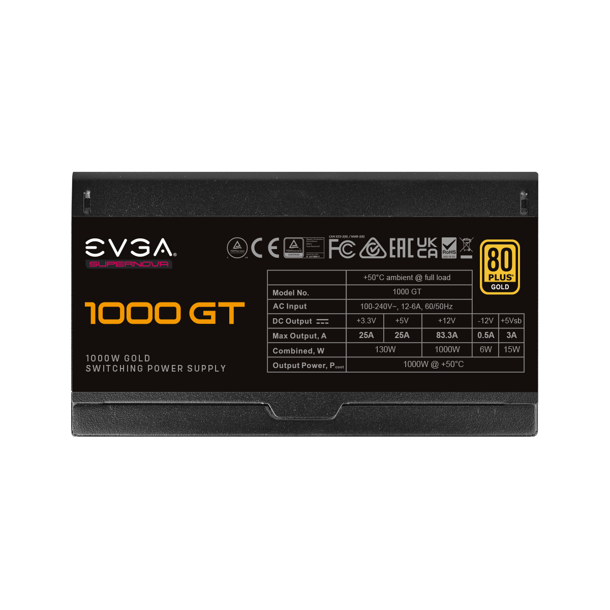 Zasilacz EVGA SuperNOVA 1000 GT, czarny ze specyfikacją na etykiecie.