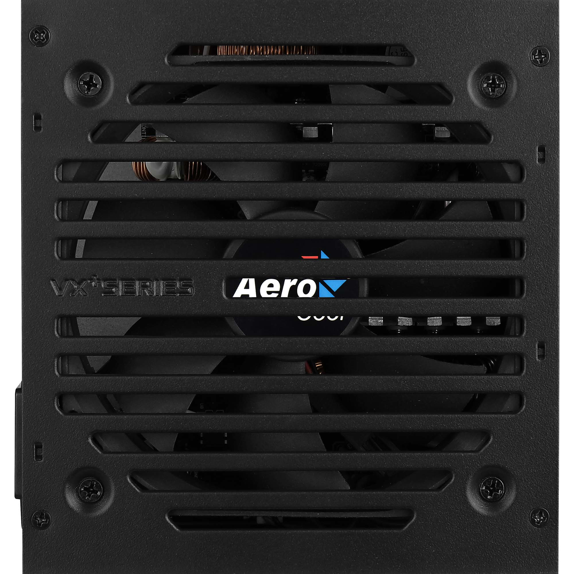 Un alimentatore per computer nero con una ventola dietro una griglia. Visibile il logo Aero.