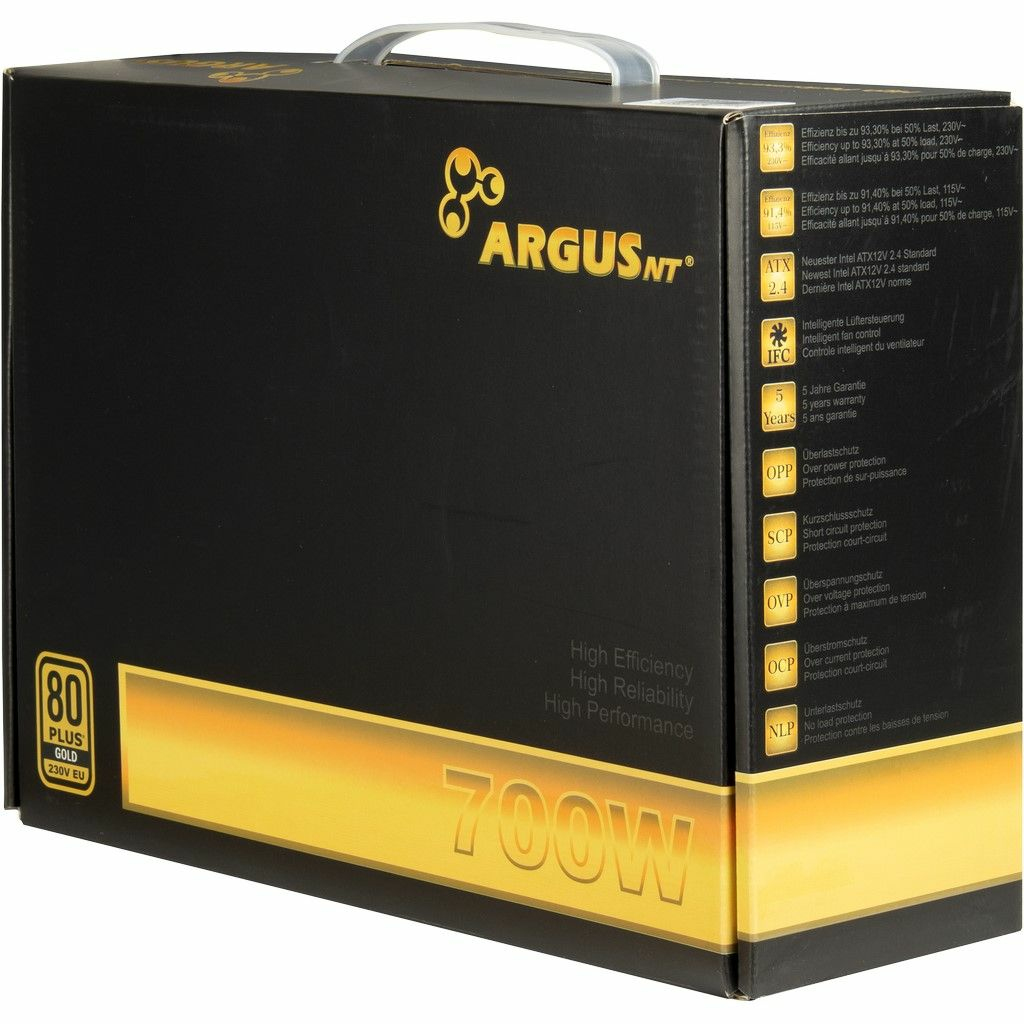 Czarne i żółte pudełko. Logo Argus NT, 700W, 80 Plus Gold. Informacje o produkcie na bokach.