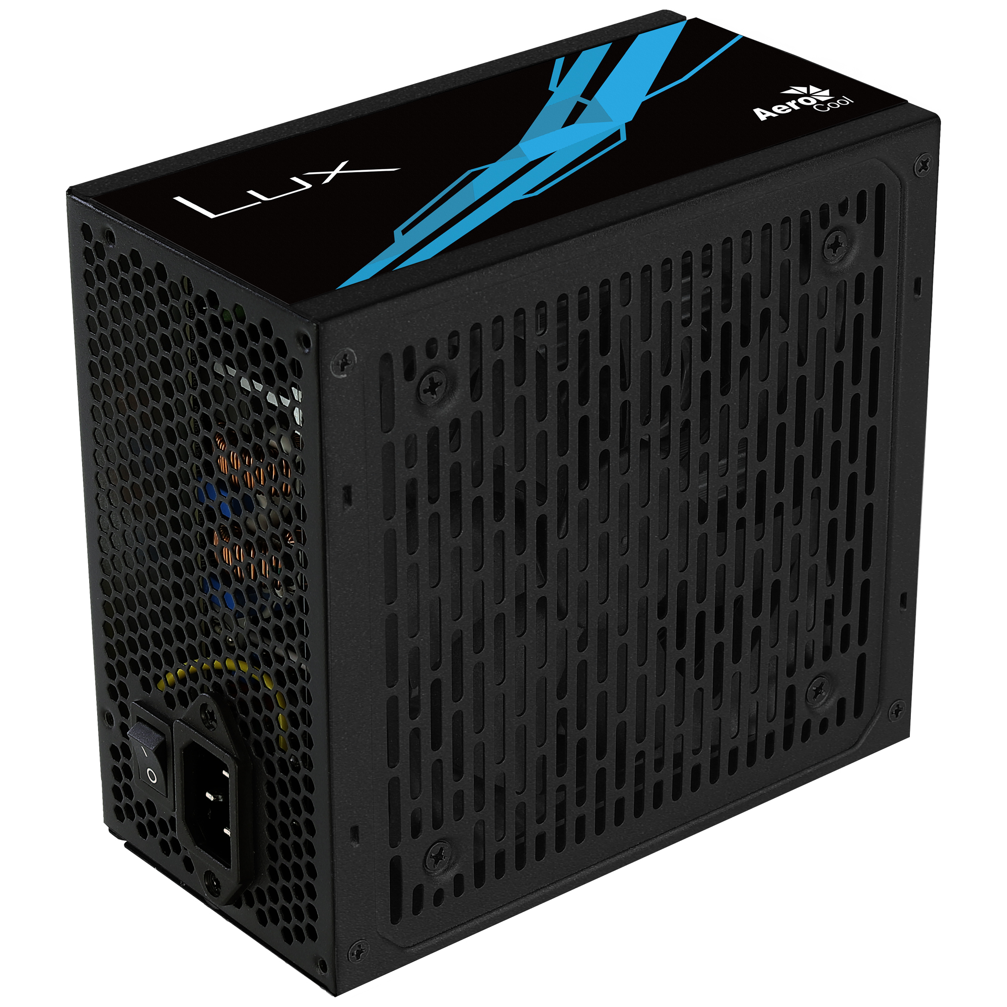 Alimentatore nero con logo Aerocool Lux e griglia a rete.