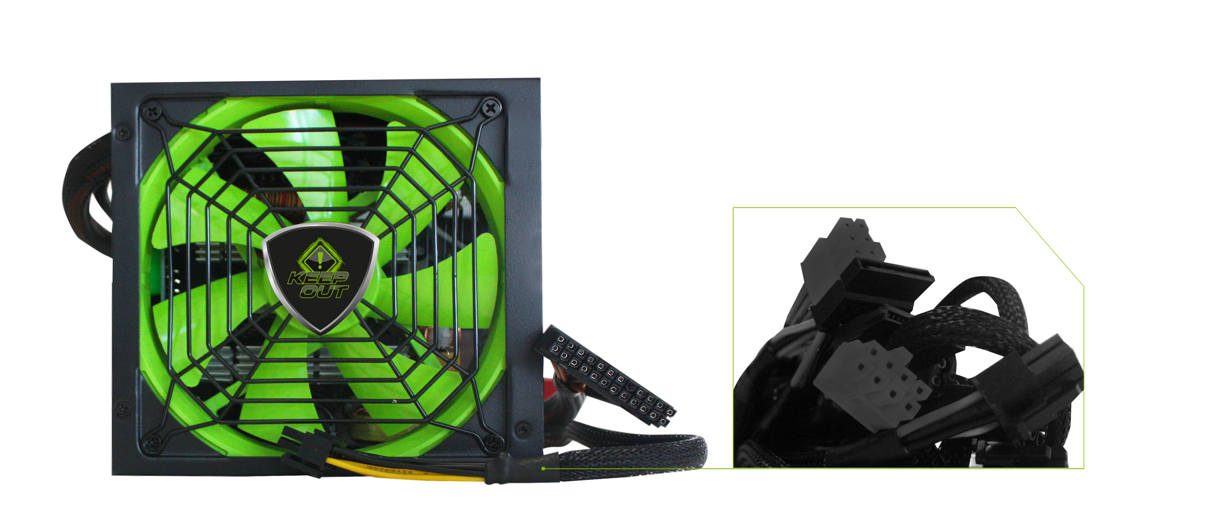 Alimentatore per computer verde e nero con ventola e cavi connettori multipli.