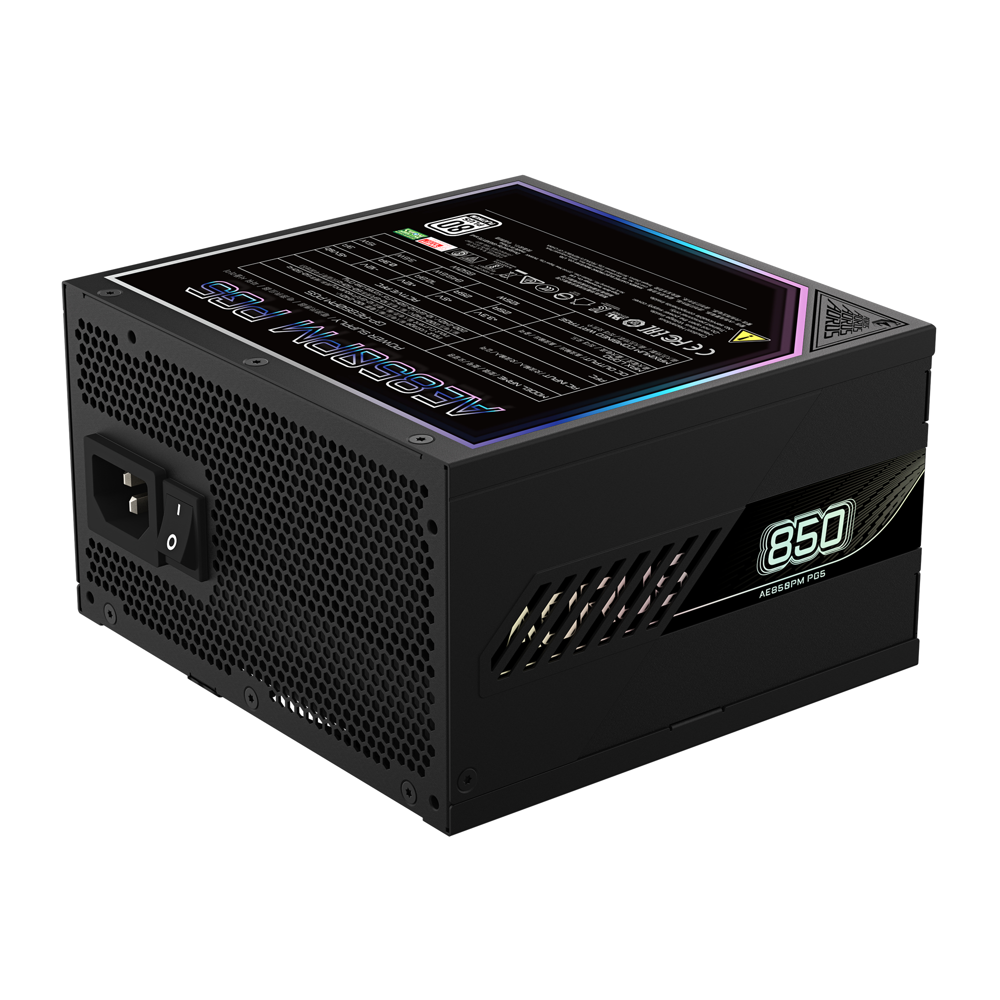 Czarny zasilacz z etykietą 850 i wejściem zasilania po lewej stronie.