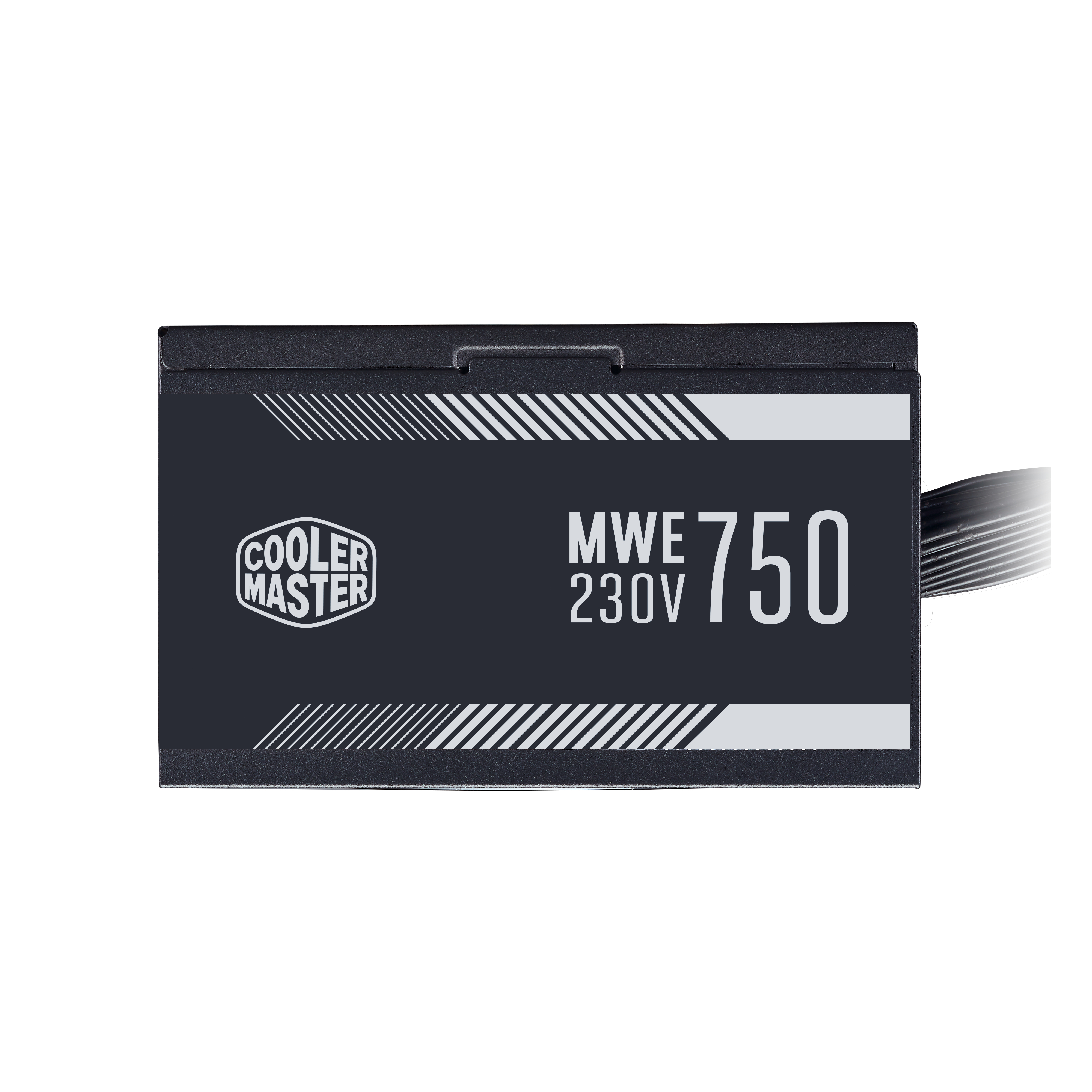 Alimentatore nero con logo Cooler Master e testo, dettagli a strisce bianche.