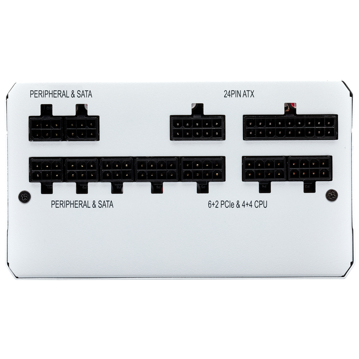 Alimentatore bianco con porte di connessione etichettate.