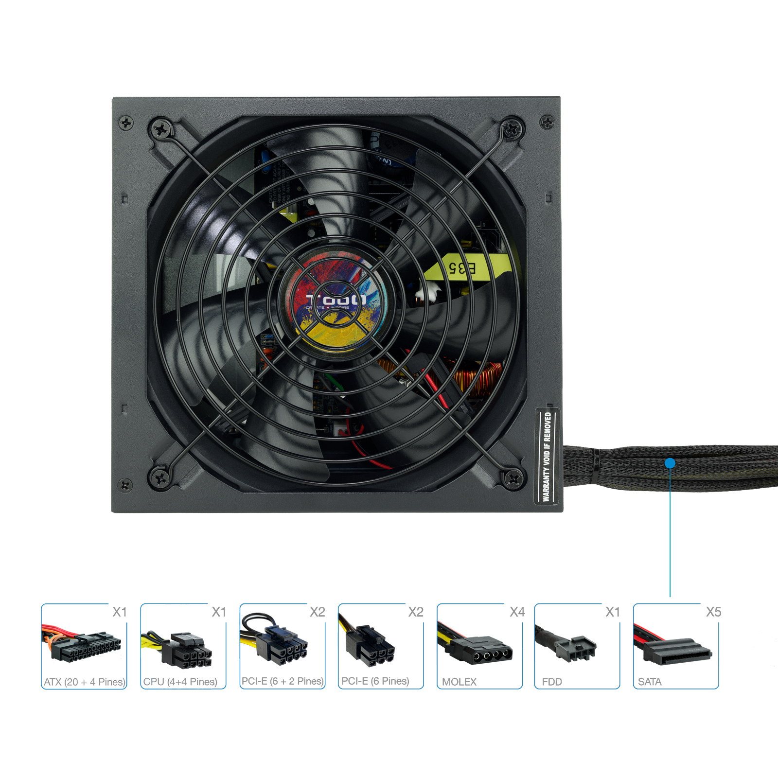 Vista dall'alto di un alimentatore per computer nero. Cavi e connettori con etichette visibili.