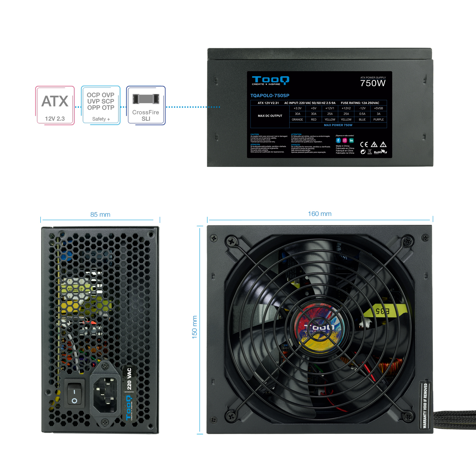 Tre viste di un alimentatore per PC con specifiche e dimensioni visualizzate.