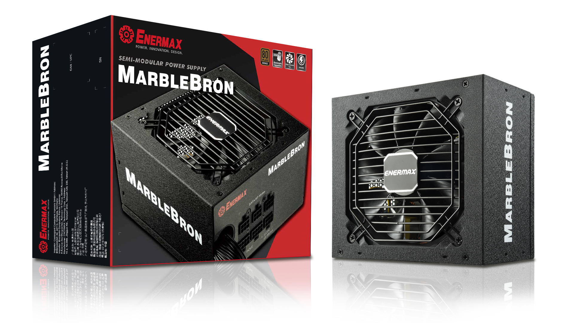 Alimentatore Enermax MarbleBron. Scatola e unità nere, con ventola e marchio.