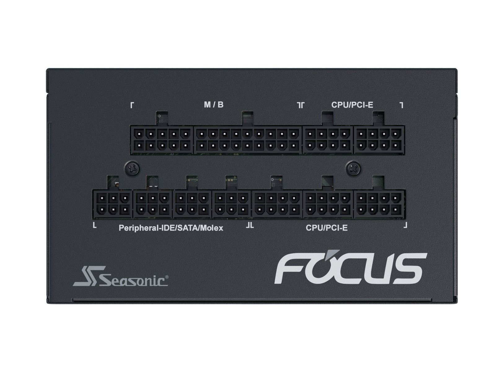 Alimentatore Seasonic FOCUS nero, con varie porte di connessione etichettate.