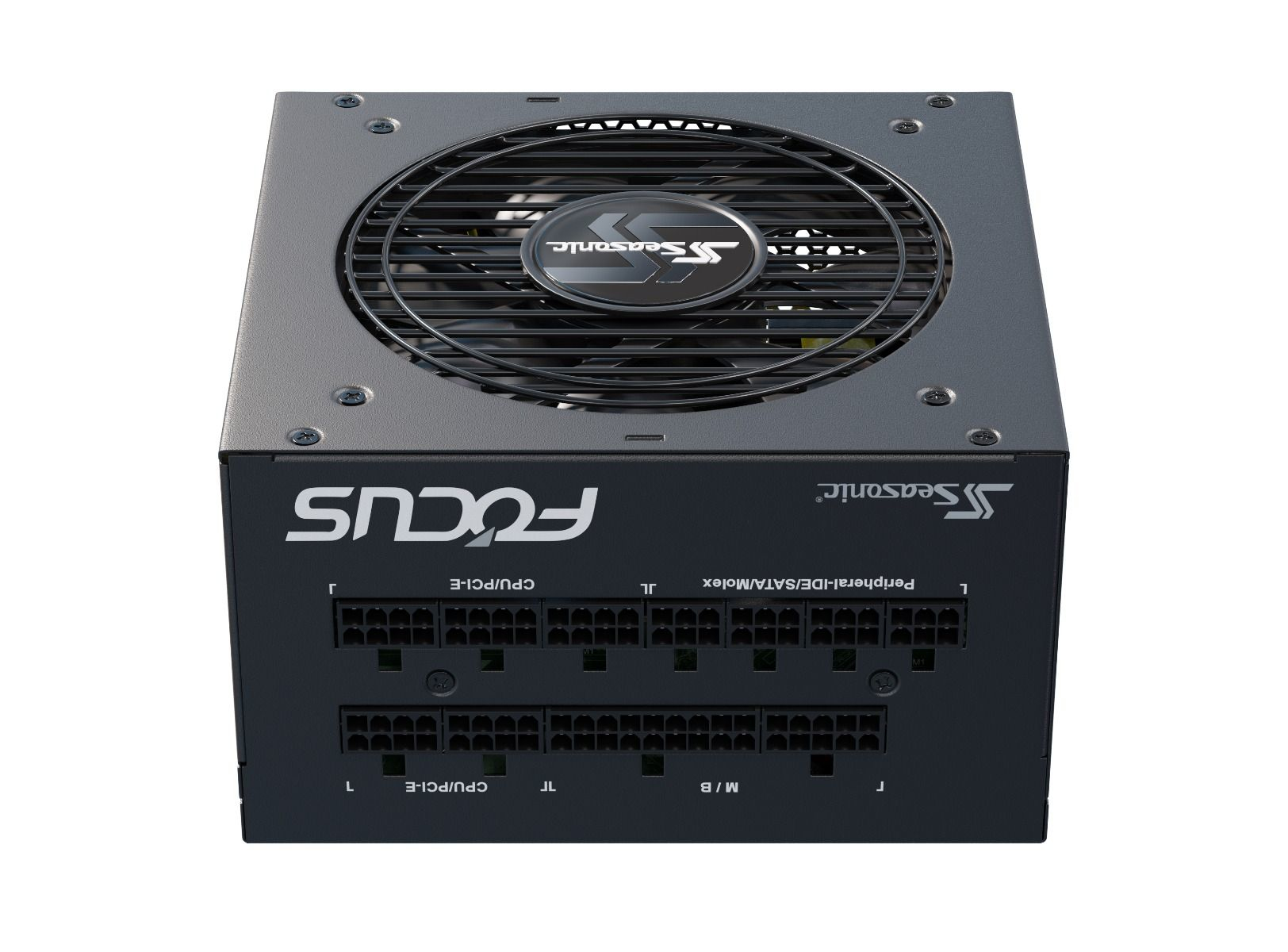 Un alimentatore Seasonic FOCUS nero, con vari connettori e il nome del marchio.