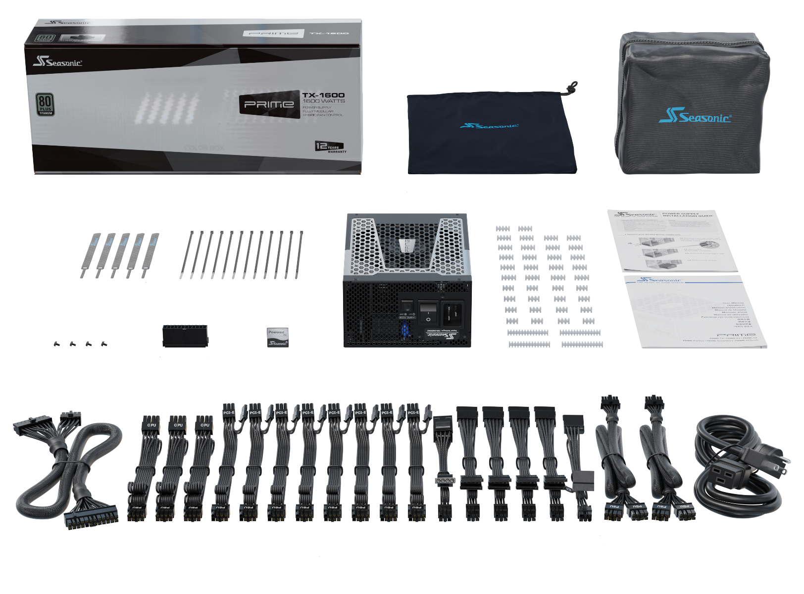 Zasilacz i komponenty komputera, z kablami i akcesoriami.