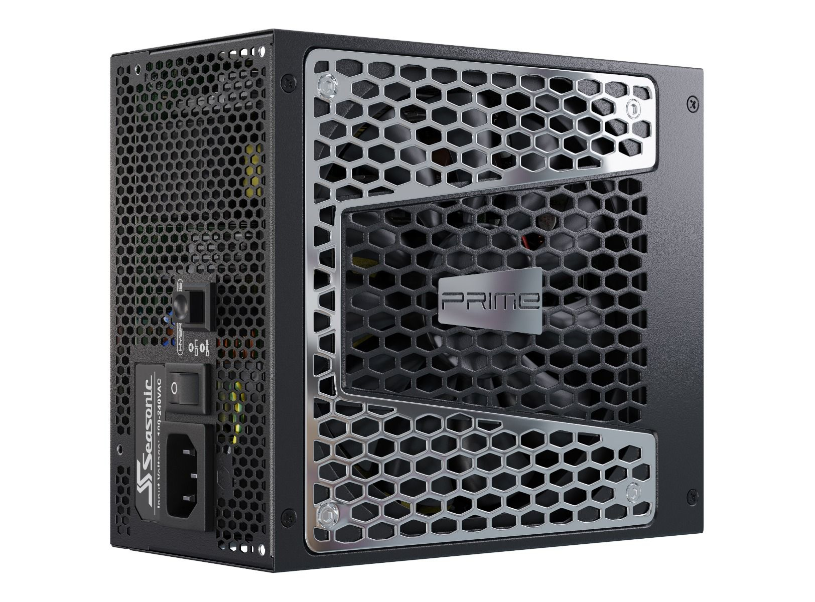 Seasonic PRIME Netzteil. Schwarze Einheit mit Wabenlüfterschutz.