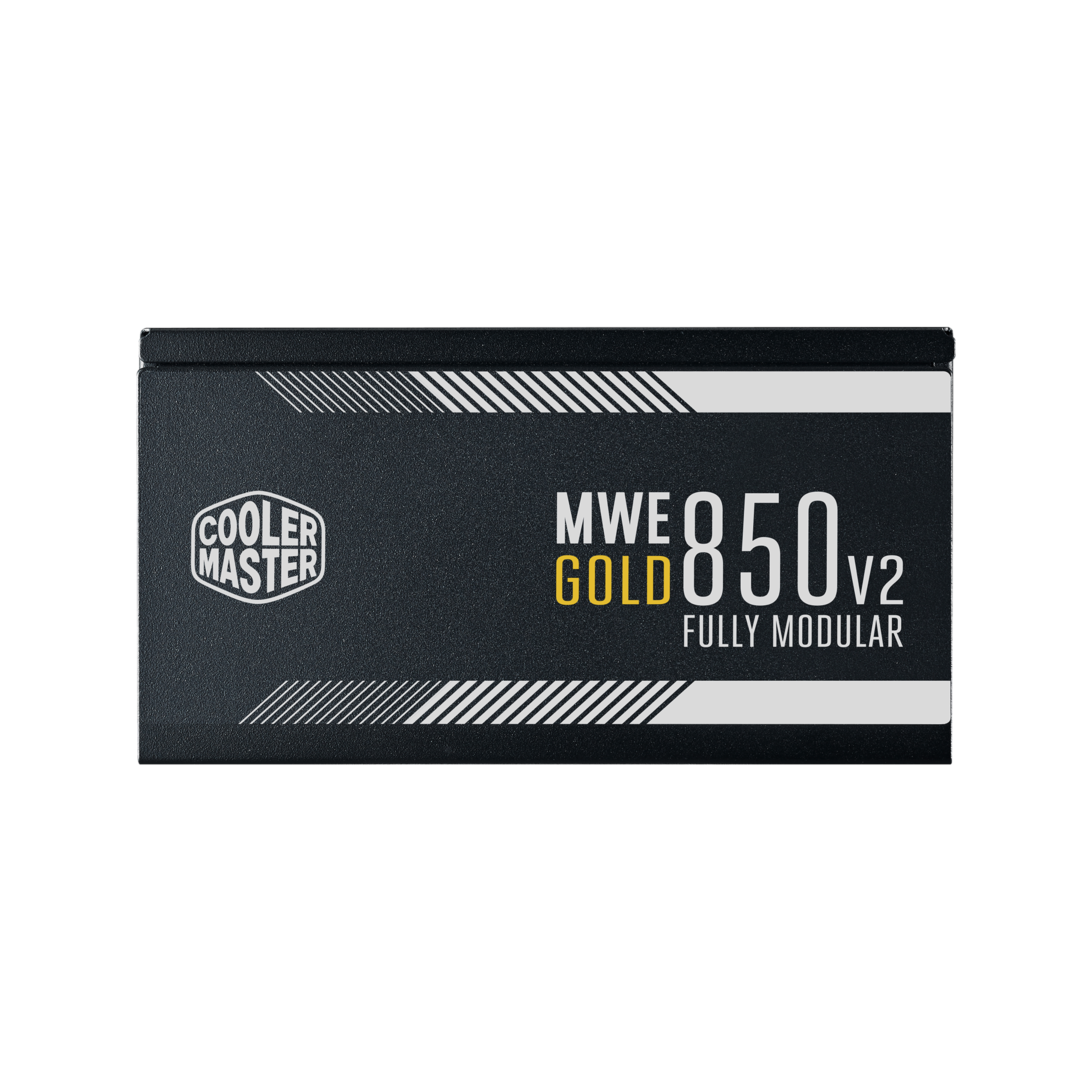 Czarny zasilacz z tekstem: "MWE GOLD 850 V2 FULLY MODULAR".