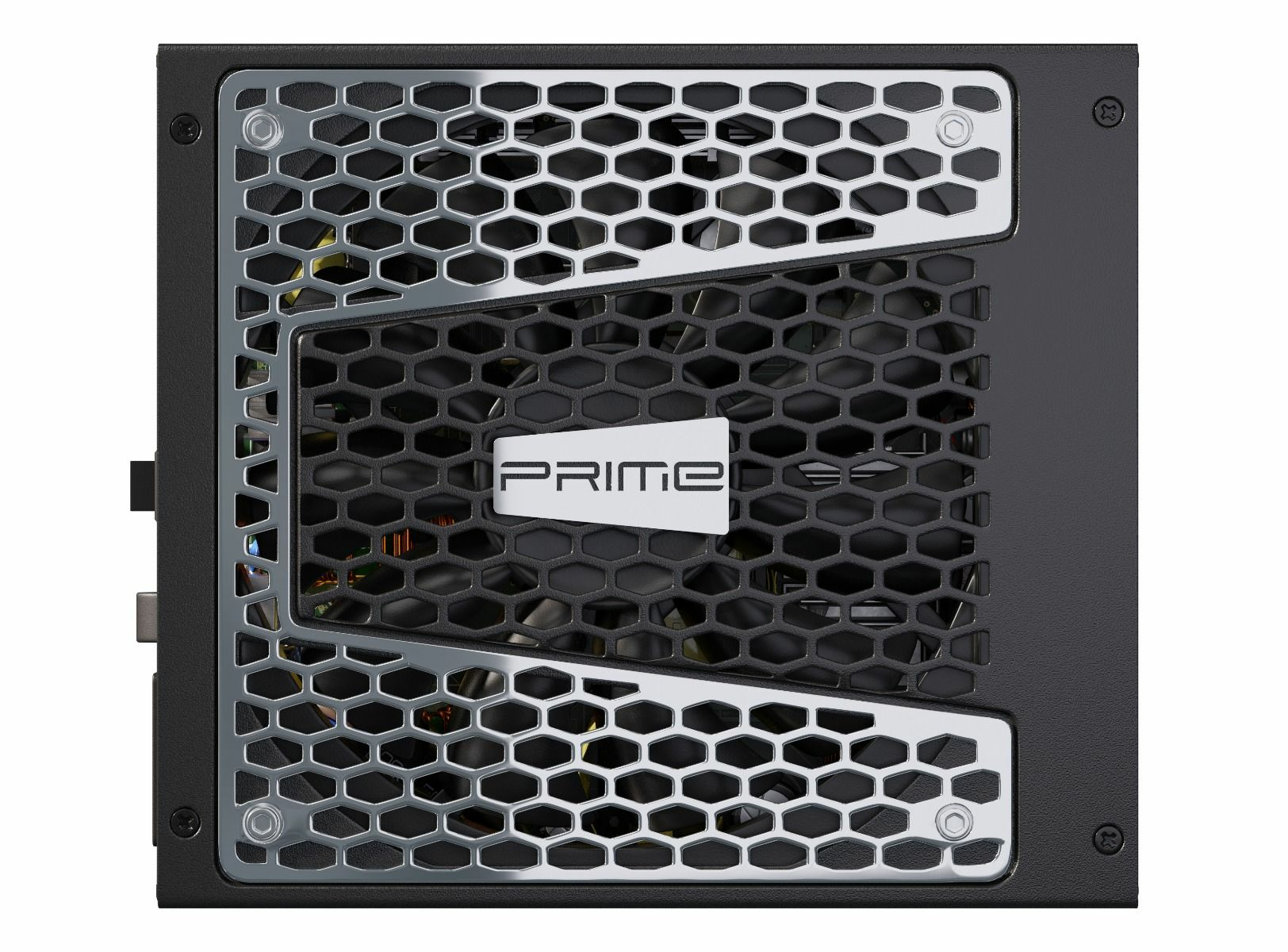 Alimentatore nero per computer con griglia a nido d'ape e logo PRIME argento.