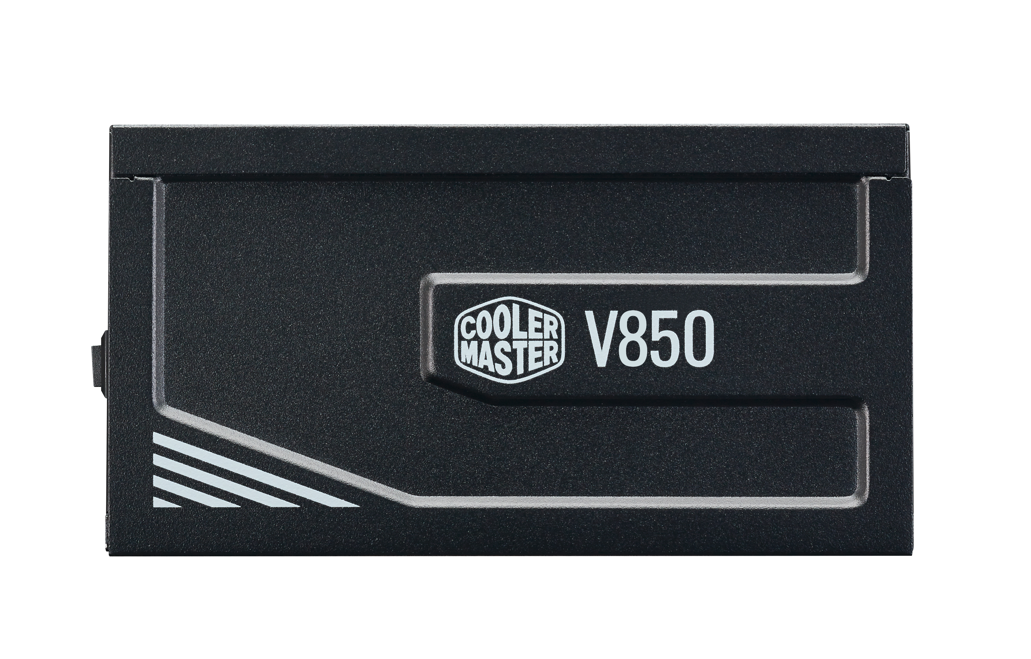 Alimentatore Cooler Master V850 nero con logo e testo su sfondo bianco, vista angolata.
