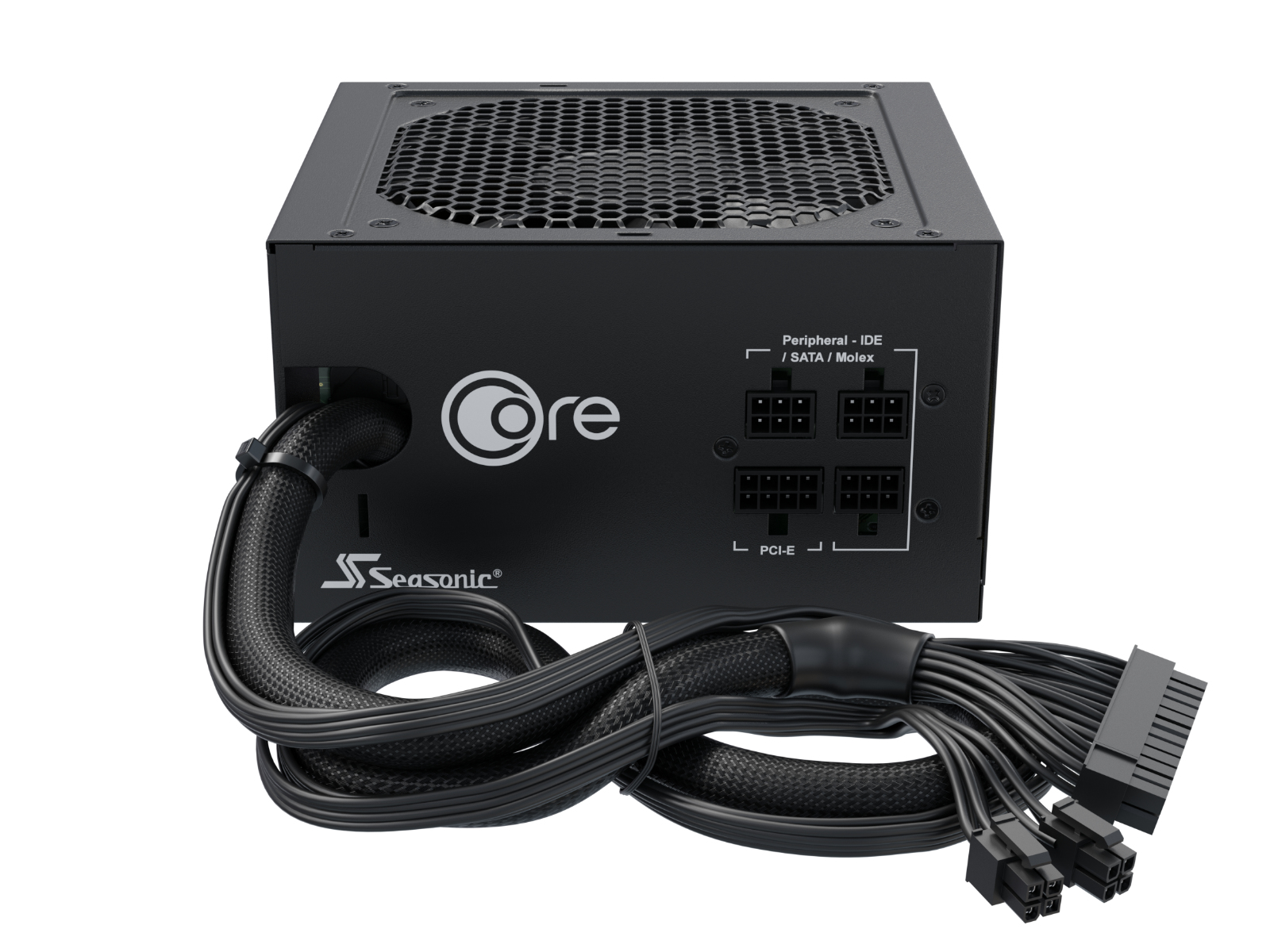 Une alimentation noire avec plusieurs connecteurs et un ventilateur, de marque 'Seasonic Core'.