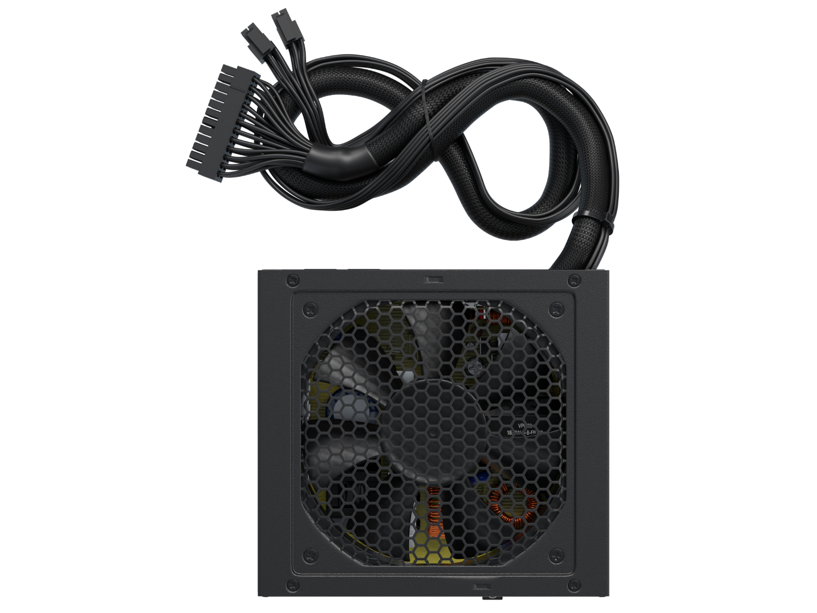 Une alimentation de PC noire avec des câbles connectés et un ventilateur.