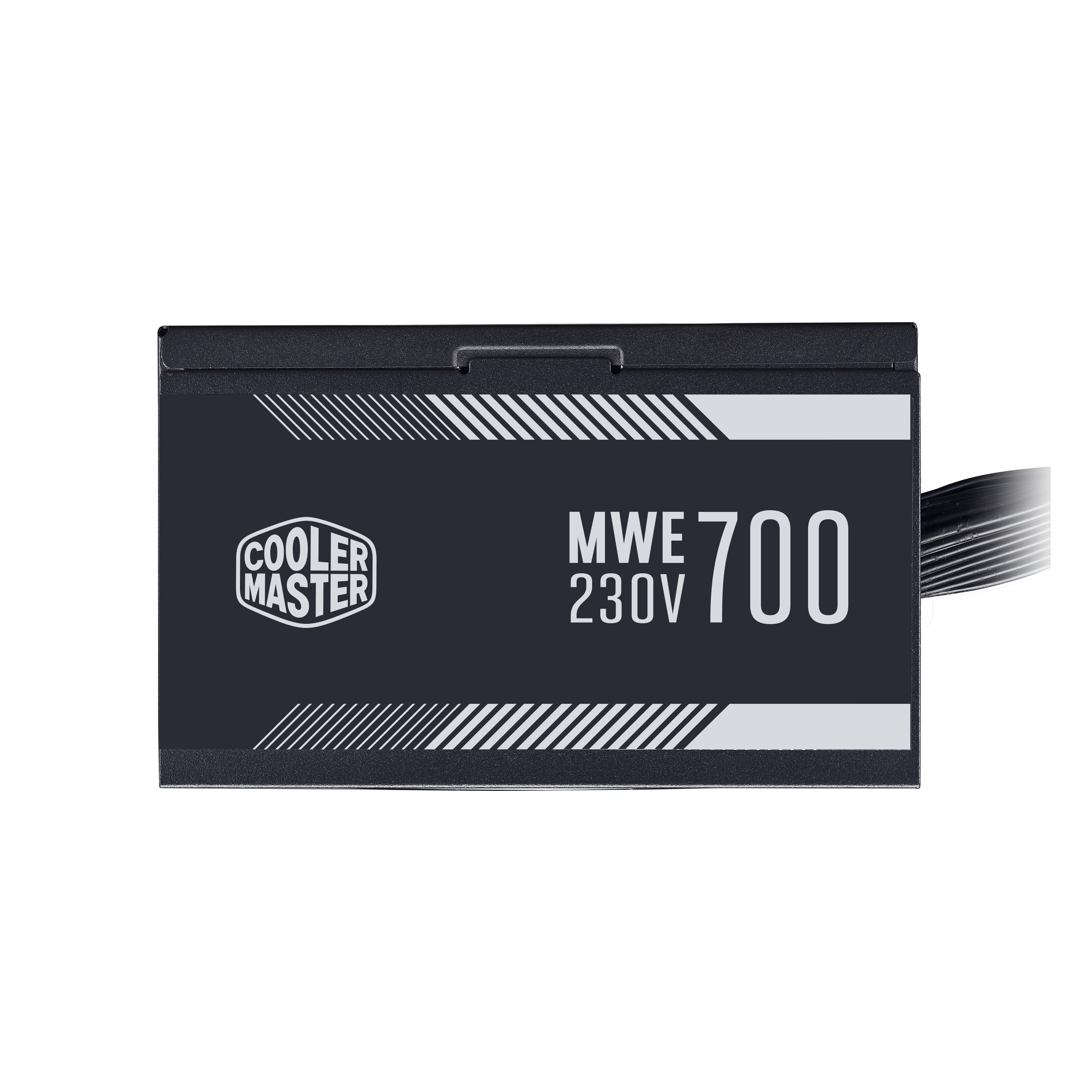 Bloc d'alimentation Cooler Master MWE 700. Couleur noire avec texte blanc et gris.