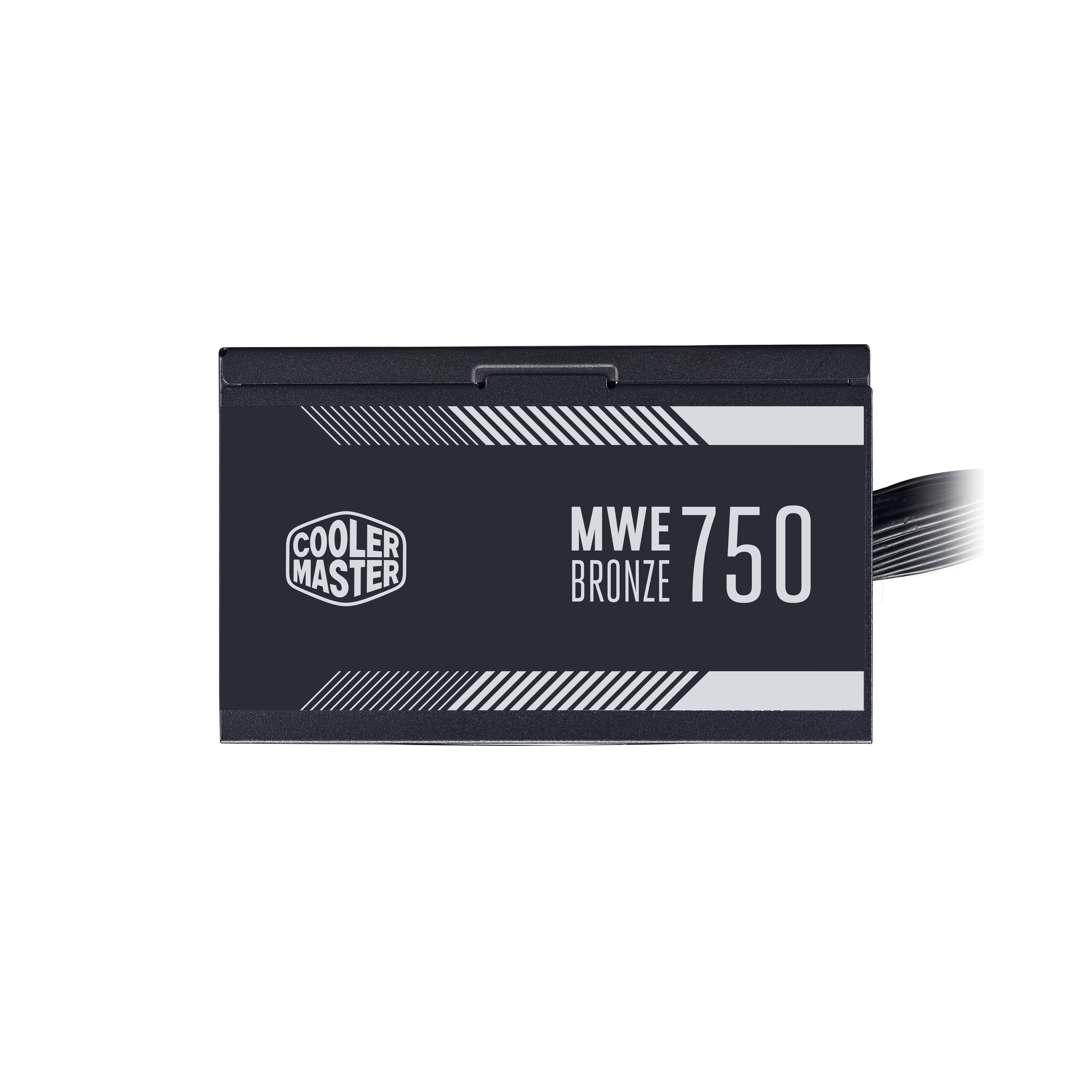 Een zwarte voedingseenheid met het Cooler Master logo en tekst op een witte achtergrond.