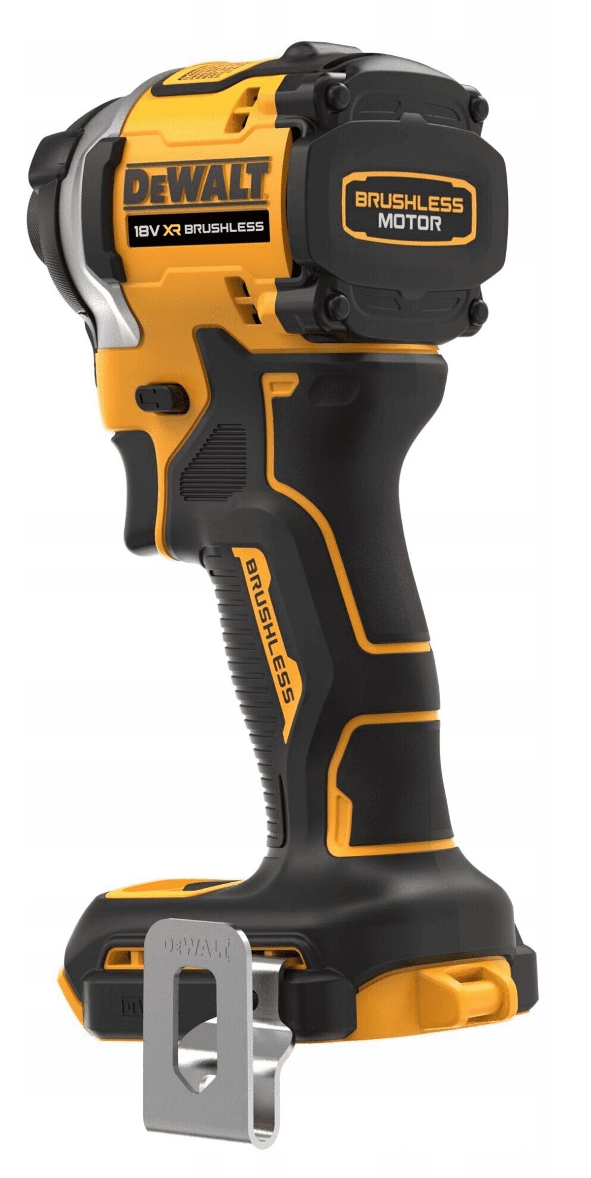 Żółto-czarny zakrętarka udarowa DeWalt. Widoczny silnik bezszczotkowy.