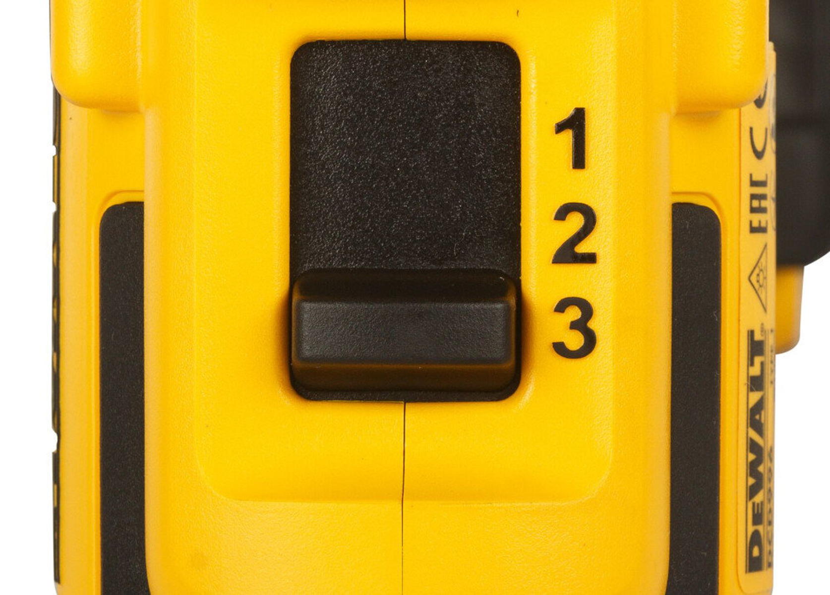 Zbliżenie żółtego narzędzia z czarnym przełącznikiem pokazującym cyfry 1, 2 i 3.