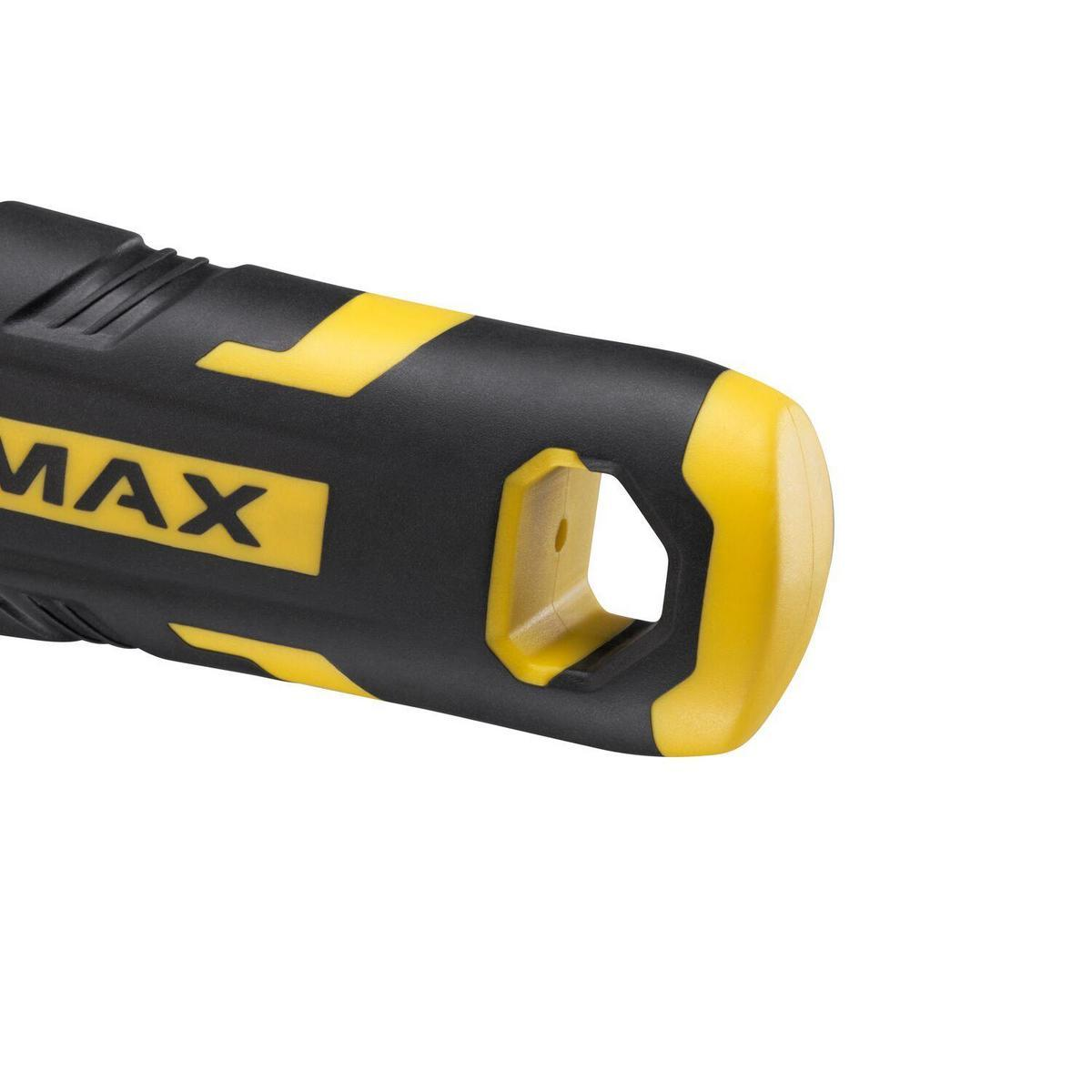 Nahaufnahme eines schwarzen und gelben Stanley MAX Werkzeuggriffs mit dem Wort MAX.