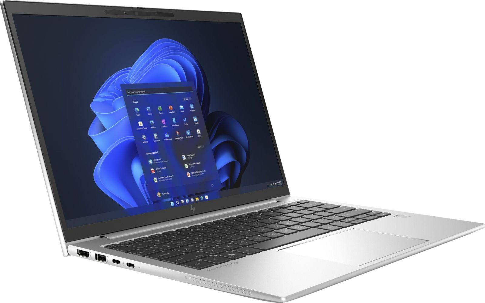 Silberner Laptop mit geöffneter Windows-Oberfläche. Schwarze Tastatur, Winkelansicht. Isoliert auf Weiß.