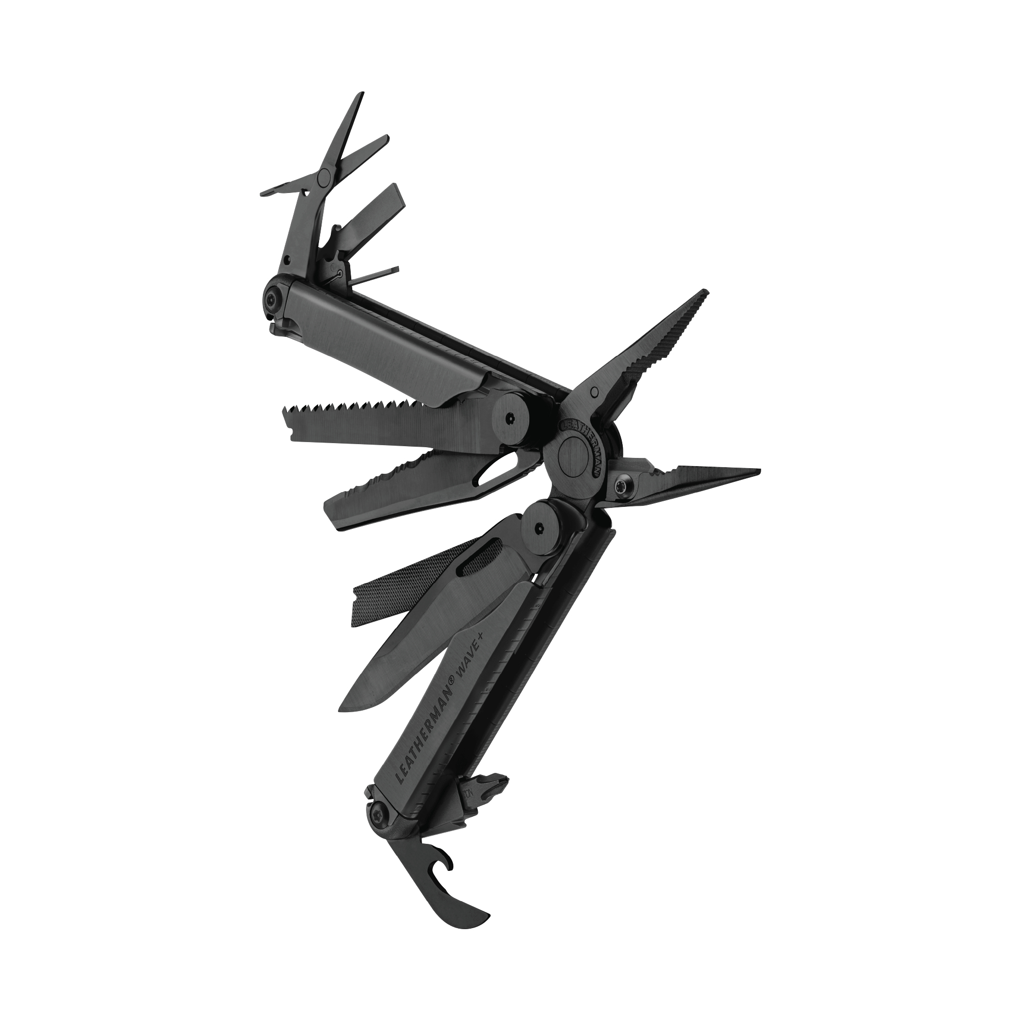 Czarny multi-tool Leatherman Wave+ z otwartymi ostrzami i narzędziami na białym tle.