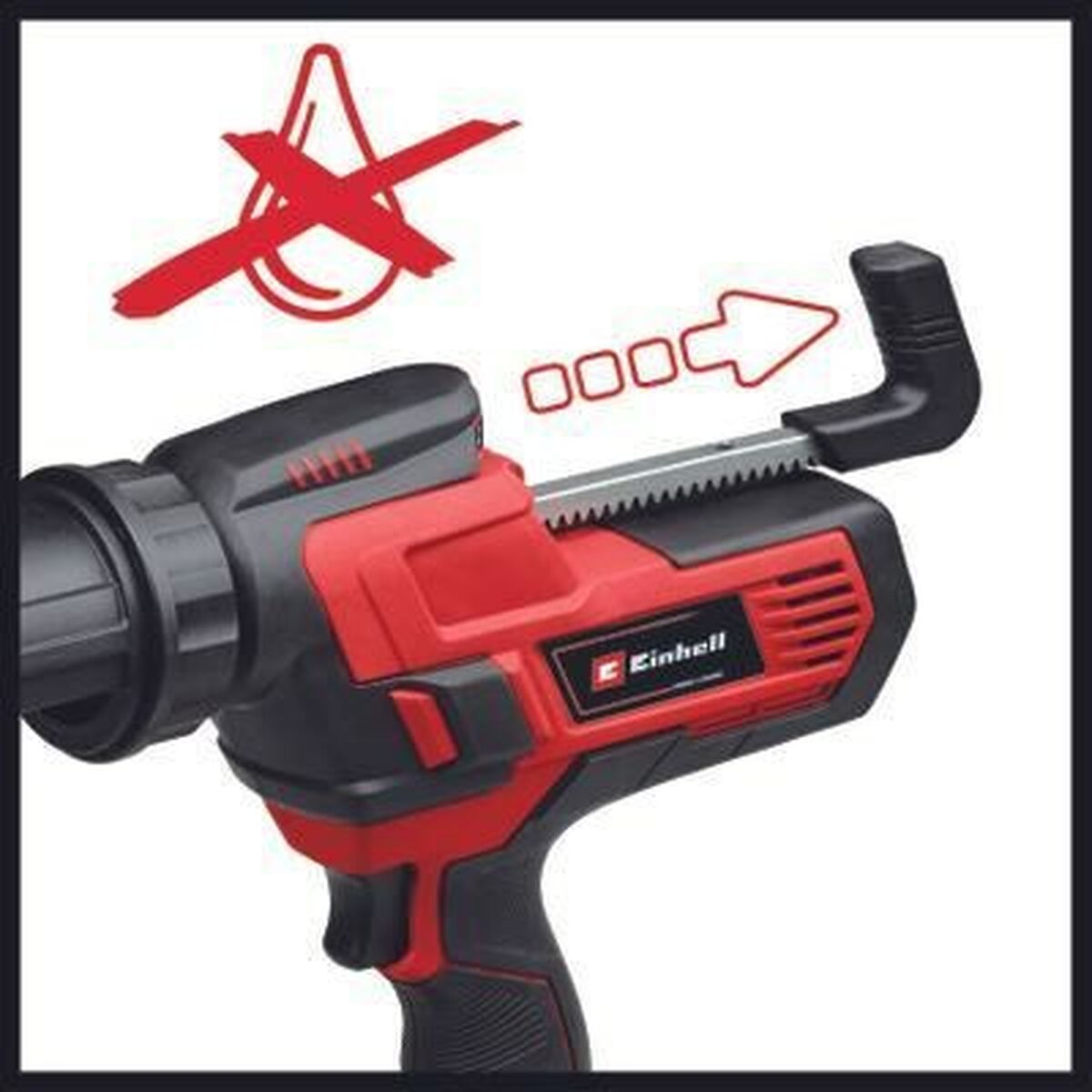 Red Einhell caulking gun with a black handle and nozzle, with a white background.