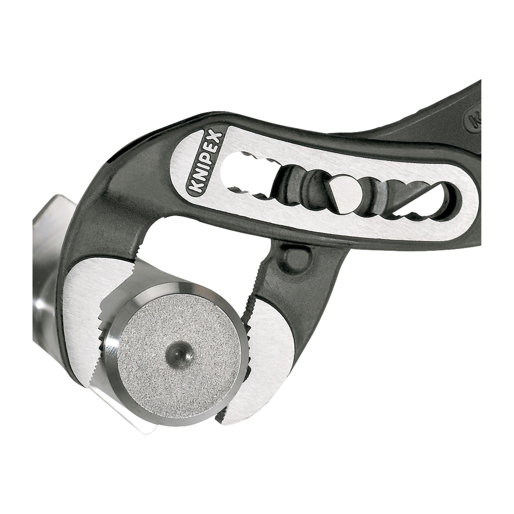 Szczypce Knipex chwytające metalowy walec na białym tle.